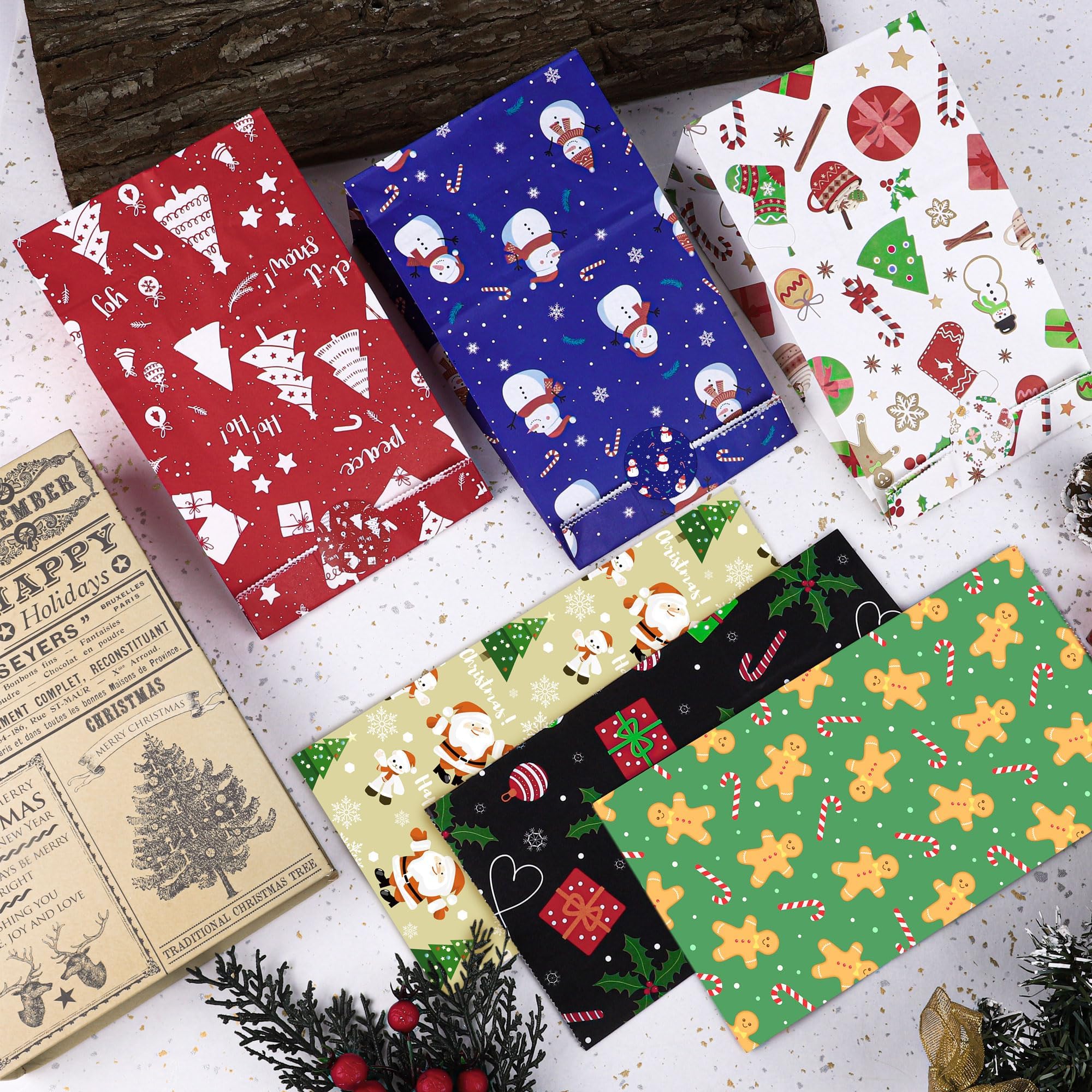 MIMIND 72 sacchetti di carta con 6 adesivi di stile e 3 carta velina colorata per feste di Natale