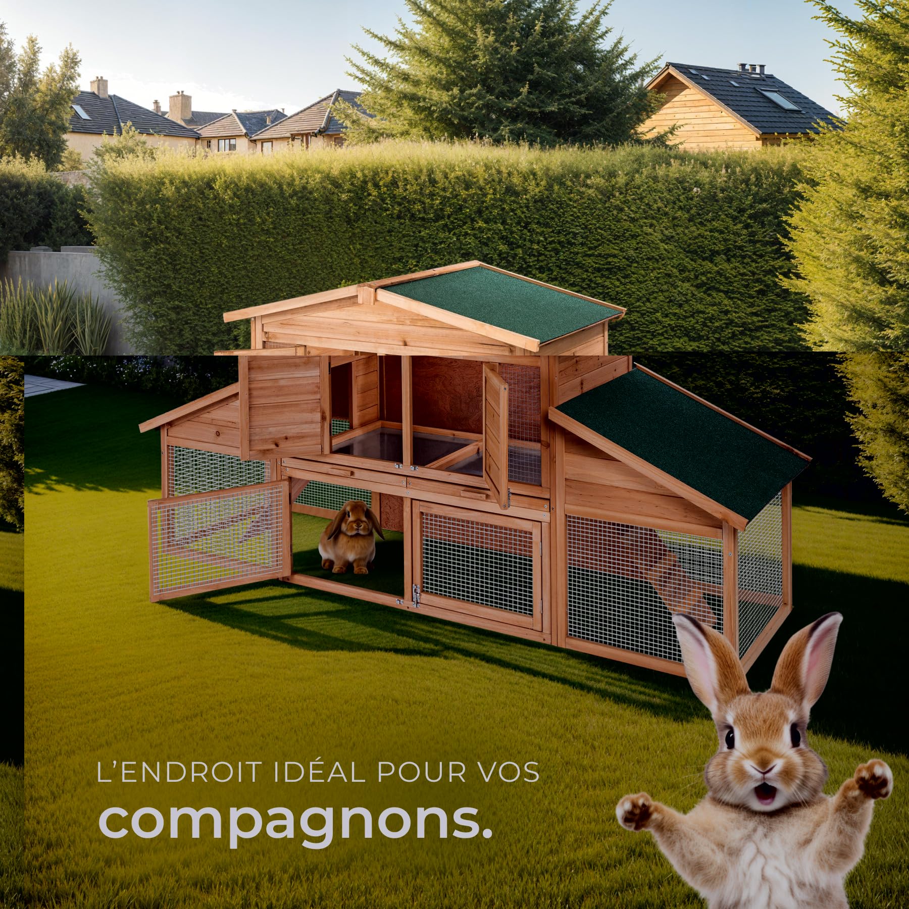 tectake® Clapier Lapin Exterieur Cage Lapin & Autres rongeurs Poulailler pour Poules en Bois imperméable avec Parc XXL au Sol sans Fond et 2 Tiroirs à déjection, 4 Portes verrouillables
