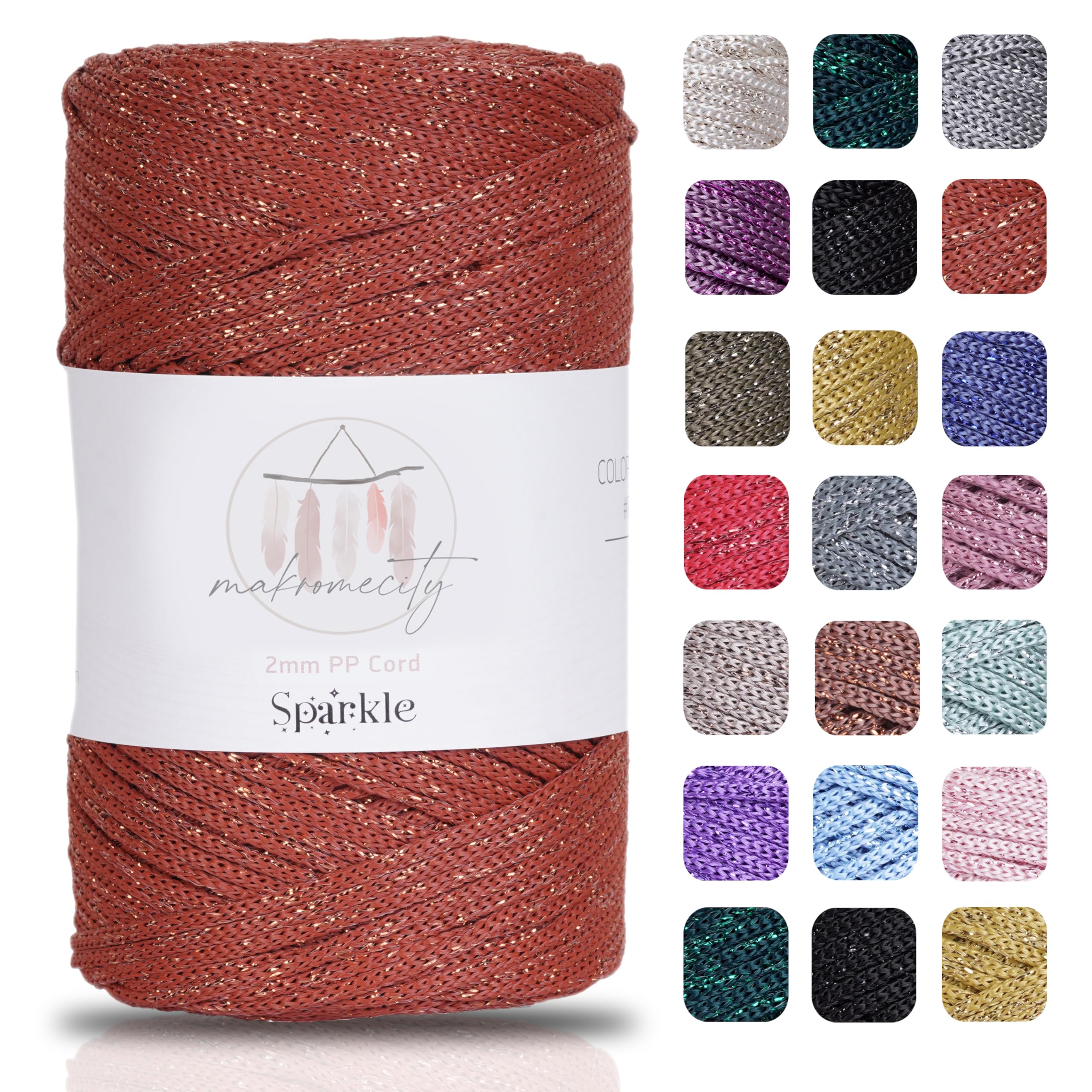 Makromecity Sparkle Polyester Macrame Cord, 2mm x 250 Yards (750 feet), Polypropylene, Macrame Cord, 5 cm, Sparkle