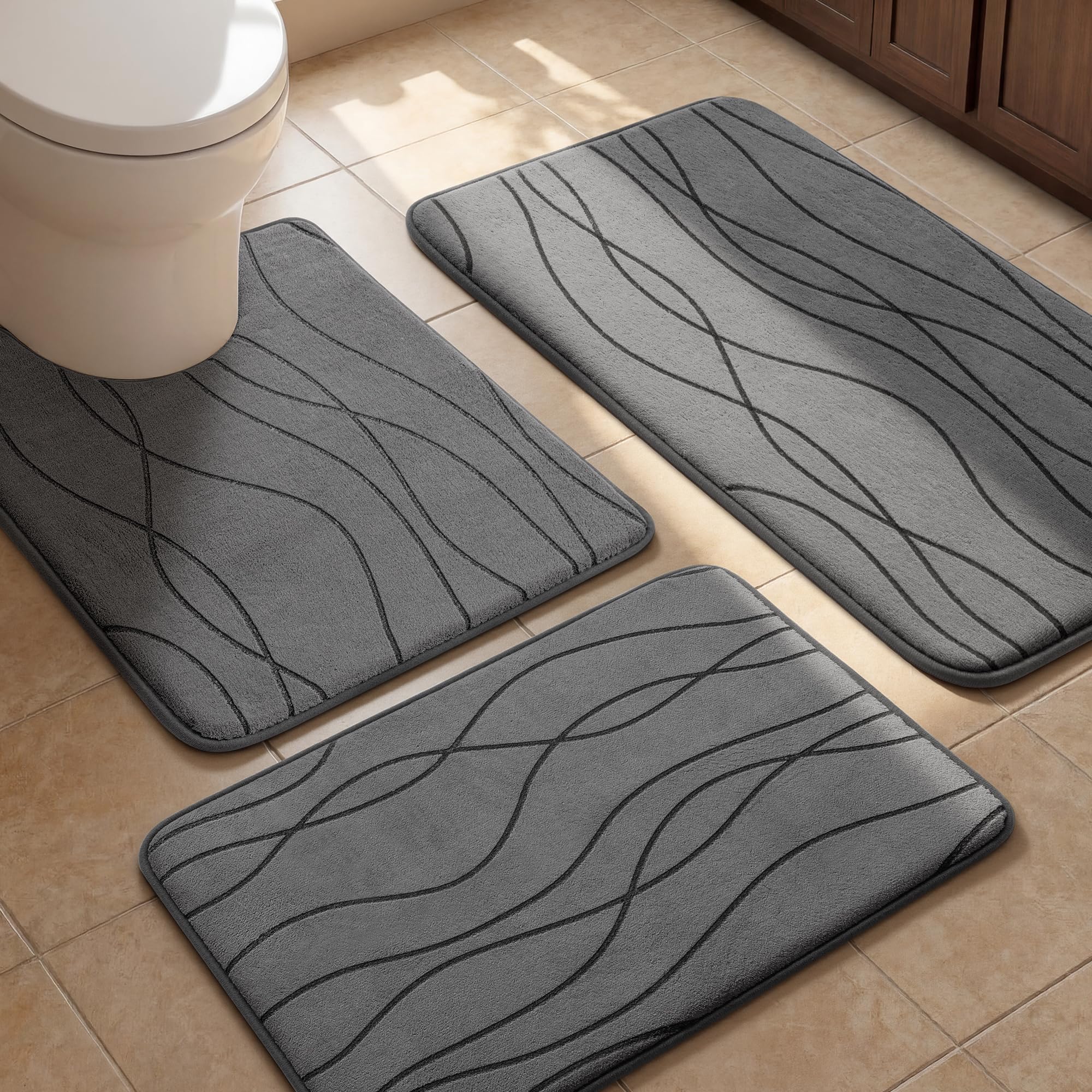 YIHOUSE Memory Foam Bathroom Rug Set, 3 Pieces - Dark Grey (Ultra Soft, Absorbent, Non-Slip, Machine Washable)