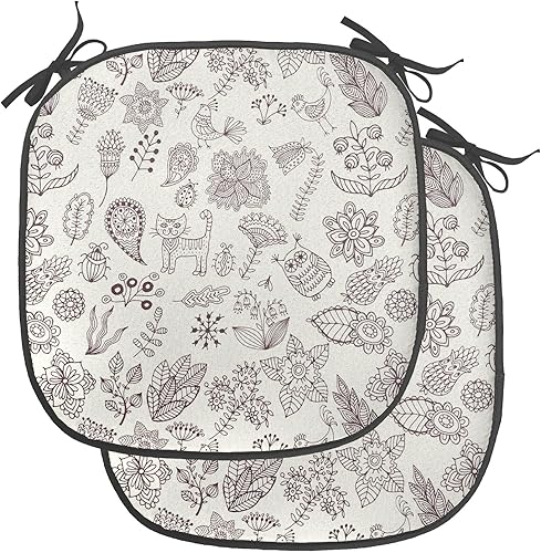 Ambesonne Juego de 2 cojines de asiento para silla de sala de juegos, diseño de búho, gato, pájaro, campanillas, tulipanes, hojas, garabatos, arte