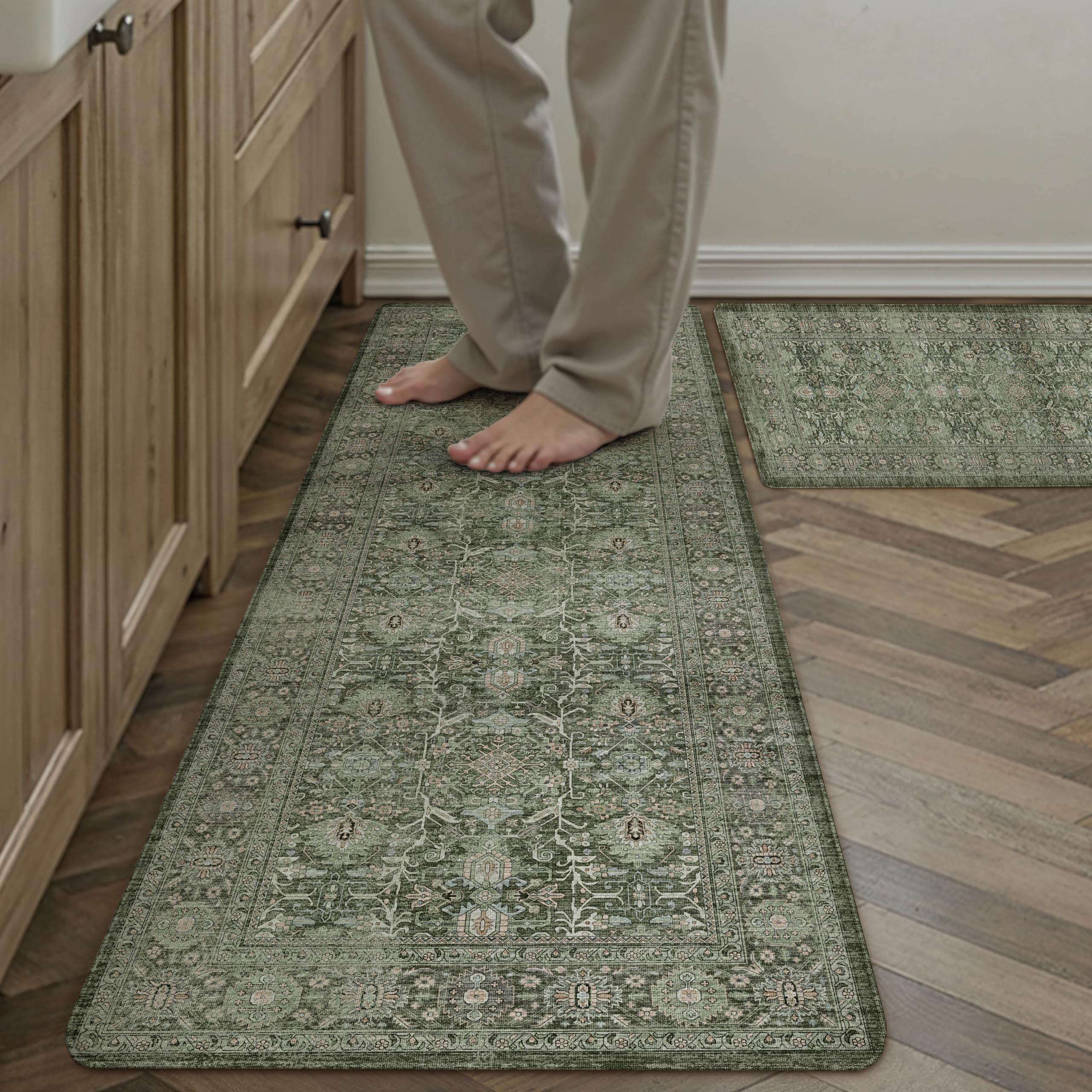 Kitchen Mats 2PCS Anti Fatigue Cushioned Mat Beige Vintage Kitchen Mats for Floor Waterproof Non Slip Comfort Standing Oriental Medallion Rug for Sink Laundry Office 17.3"x47"+17.3"x30" — view 23
