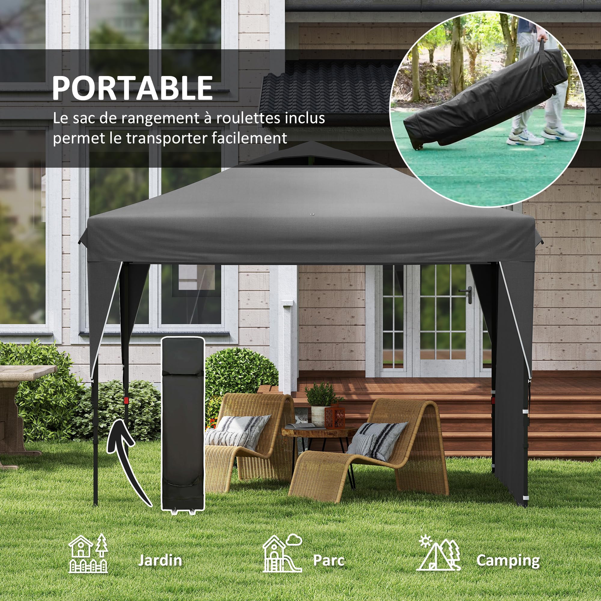 Outsunny Tonnelle Pop-Up Pliant Paroi Latérale Amovible 3x3x2,65m Gris