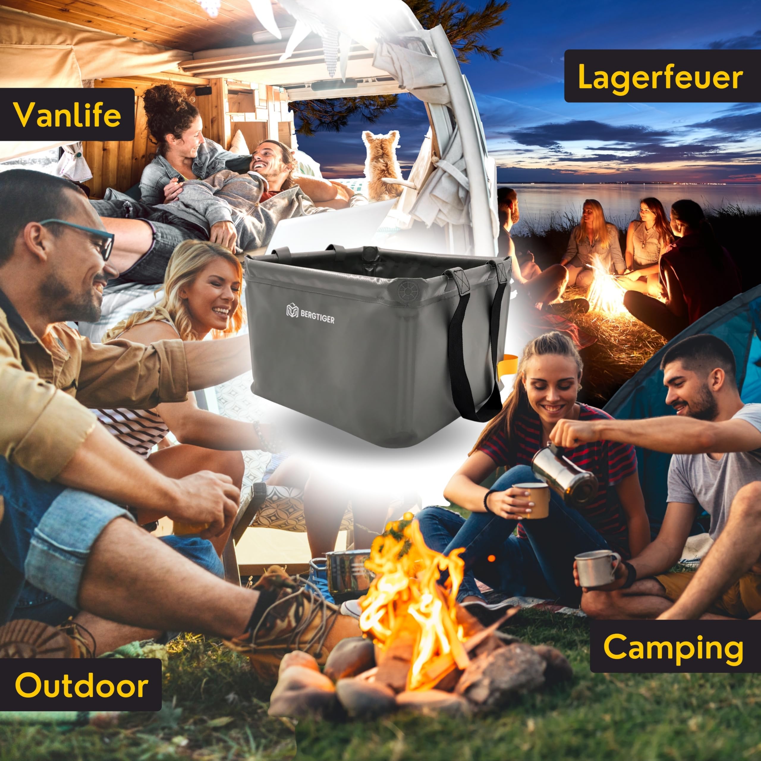 Faltschüssel Camping 18/22/26L mit EXTRA GRIFF I Faltbare Outdoor Spülschüssel & Spülwanne I Waschschüssel faltbar zum Abwaschen I robustes Camping Zubehör (Anthrazitgrau/Gelb - 26 Liter)