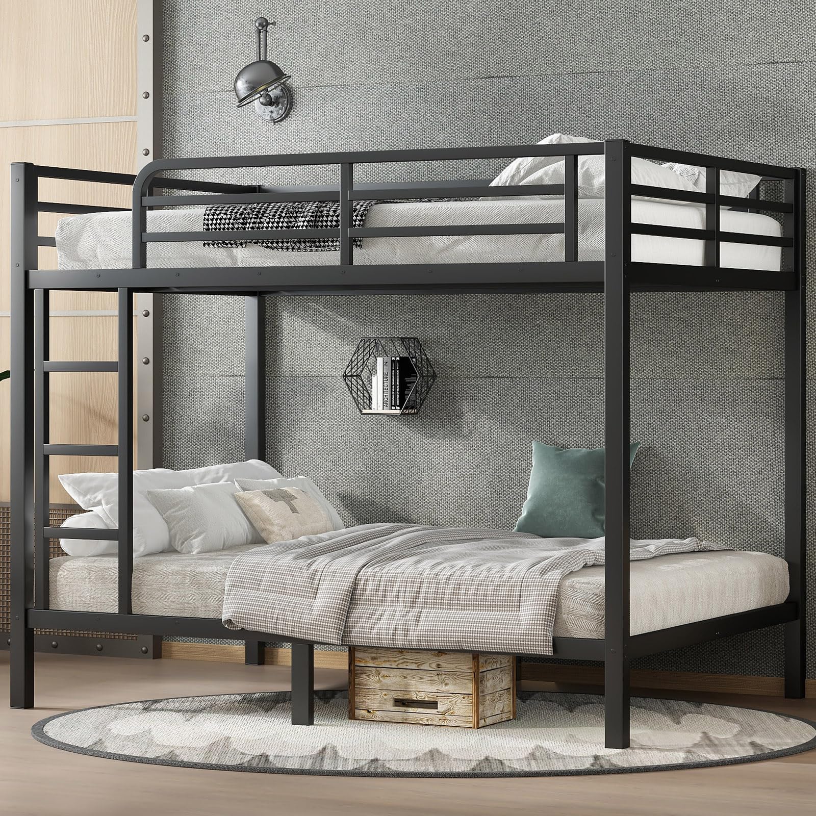Full Over Full Bunk Bed,Heavy Duty Metal Bunk Bed Frame for Adults,2 Side Ladder,Guardrail,Space-Saving,Noise Reduced,No Box Spring Needed,Black (Black, Full Over Full)