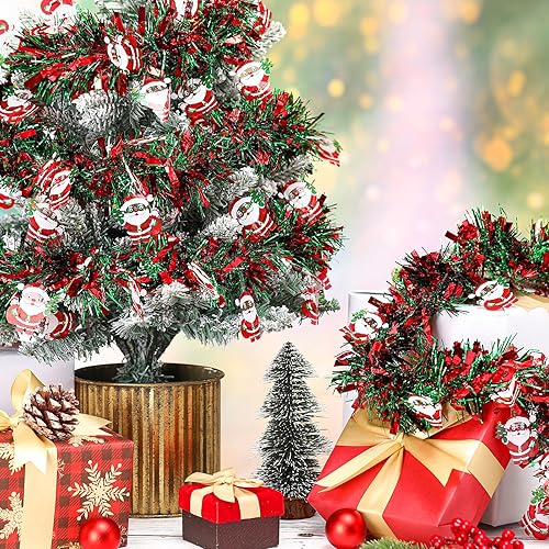 Miniatura 5 de XunYee Guirnalda de oropel de Papá Noel de Navidad de 98 pies, decoración de guirnalda metálica roja y verde, adorno de alambre brillante para