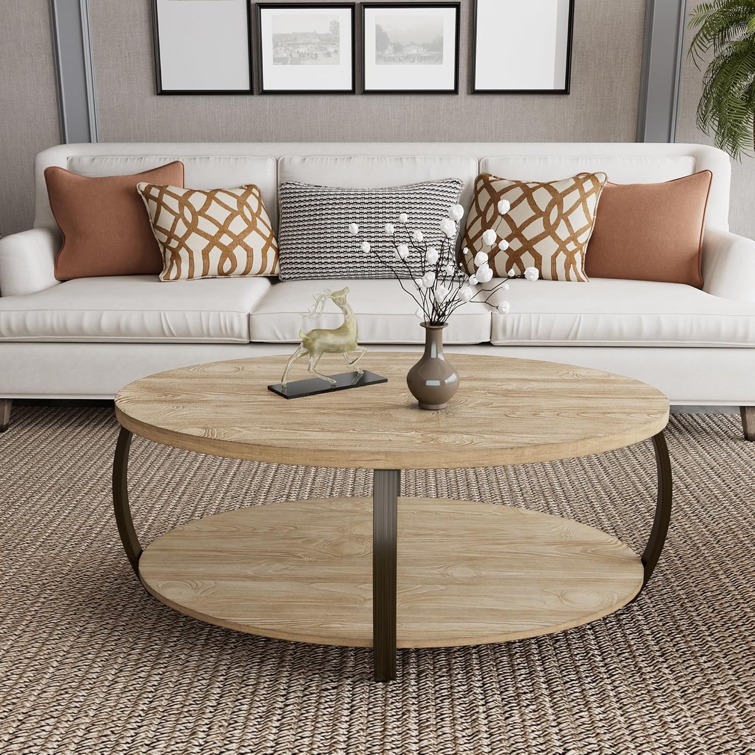 2 Tier Solid Wood Oval Coffee Table, Wooden Cocktail Table with Storage Shelf, Rustic Accent Tea Table with Natural Pine Wood Top & Black Curved Metal Legs for Living Room, 43.3" L x 27.6" W x 18" H
