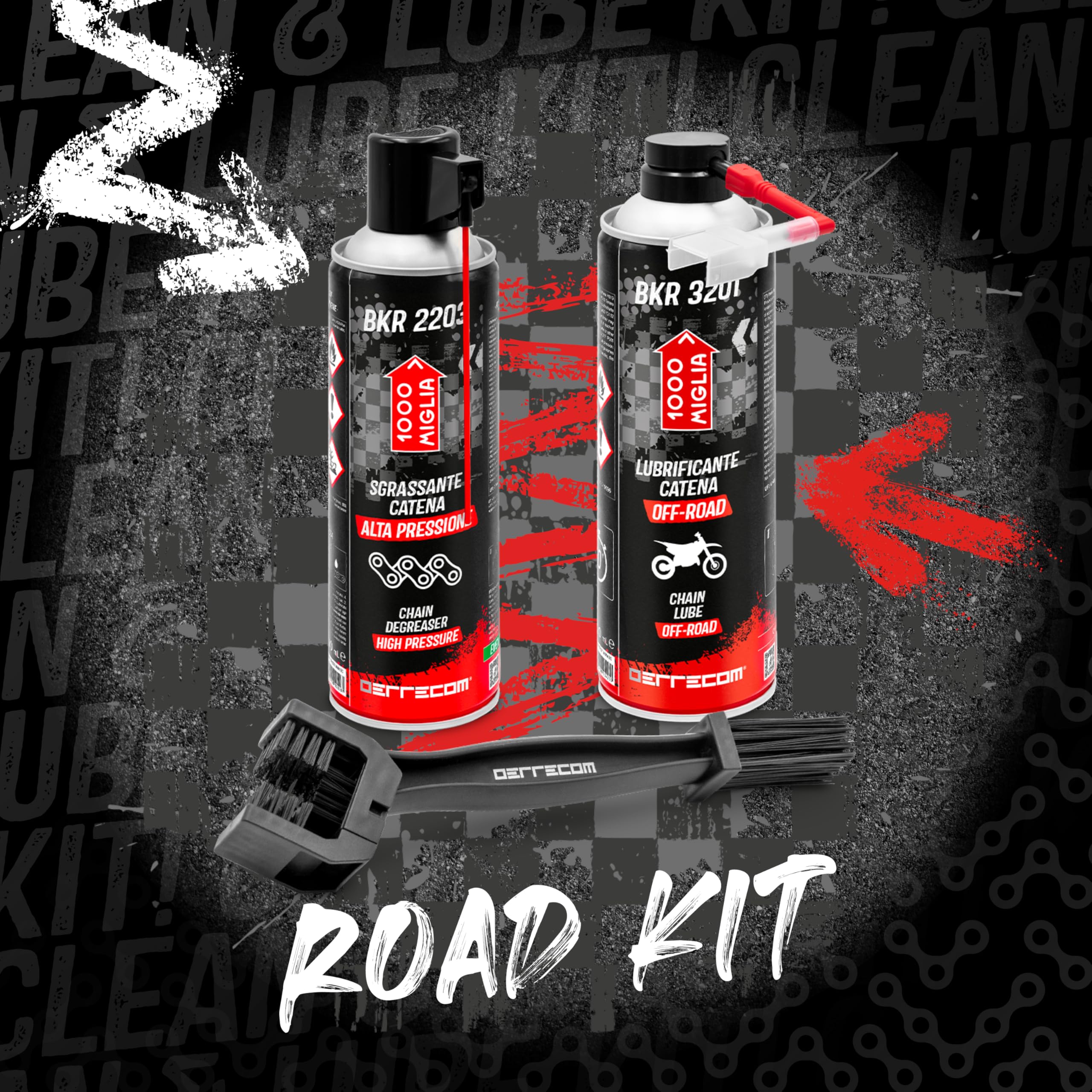 ERRECOM 1000 Miglia Clean&Lube Kit Catena Moto ROAD; include Sgrassante Catena Bombola Alta Pressione 500mL + Lubrificante Catena Moto da Strada 500mL + Huggie System e Prolunga 90° +spazzola+guanti
