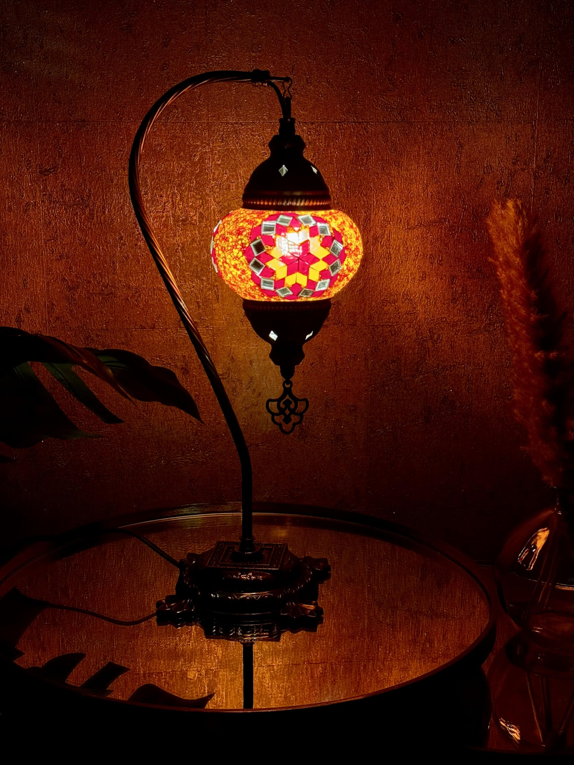 Lightza Handmade Turkish Moroccan Mosaic Desk Lamp LED Bulb | Swan Neck Unique Globe Lampshade Table Light | UK Tested Safe Energy Efficient (Golden & Red Big Flower) โ image 1