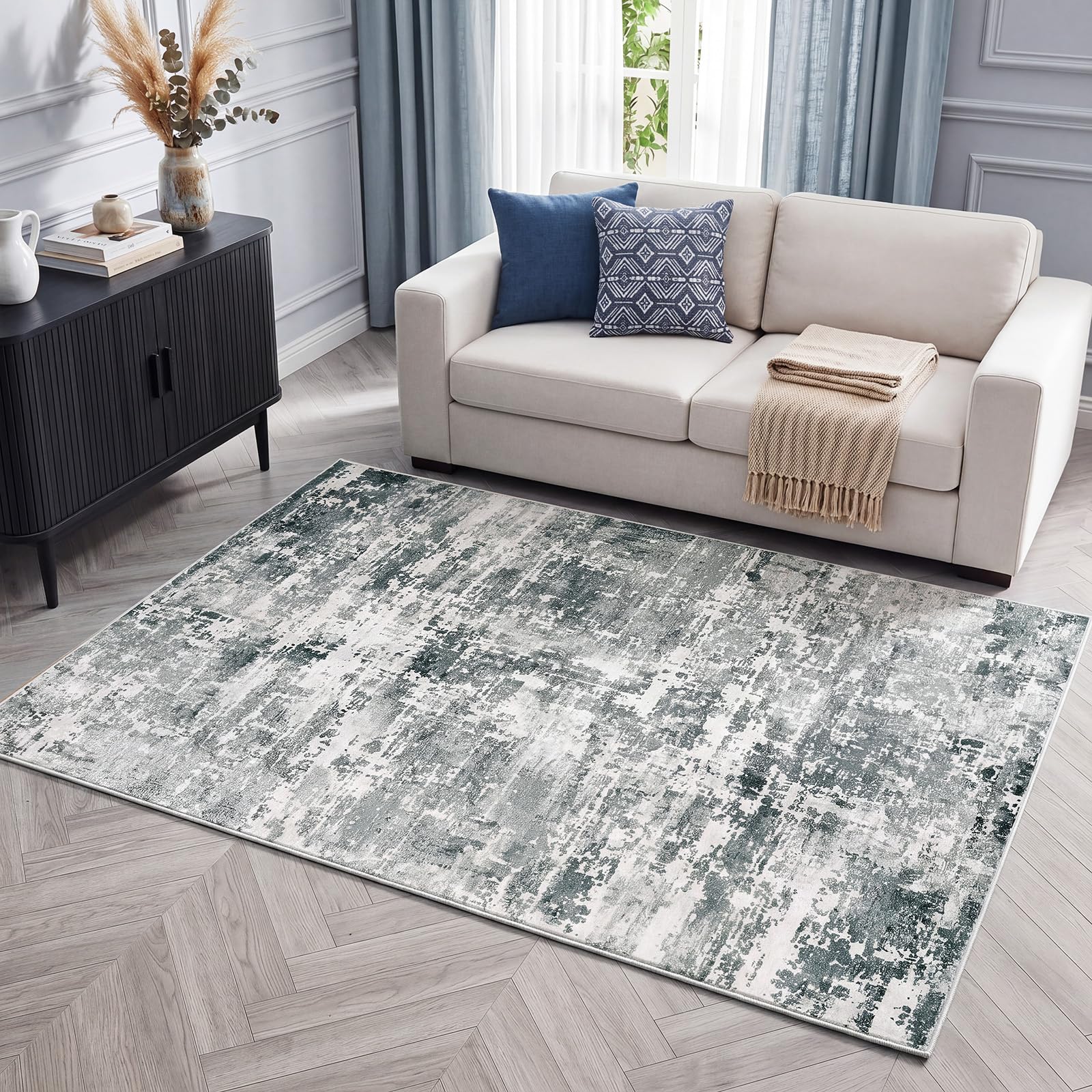 Autsel Living Room Rugs 120x160cm, Washable Rug, Non Slip Low Pile Area Rugs, Abstract Rug, Multi-use Durable Floor Carpet for Bedroom, Kitchen, Runner Rugs for Hallway, Grey