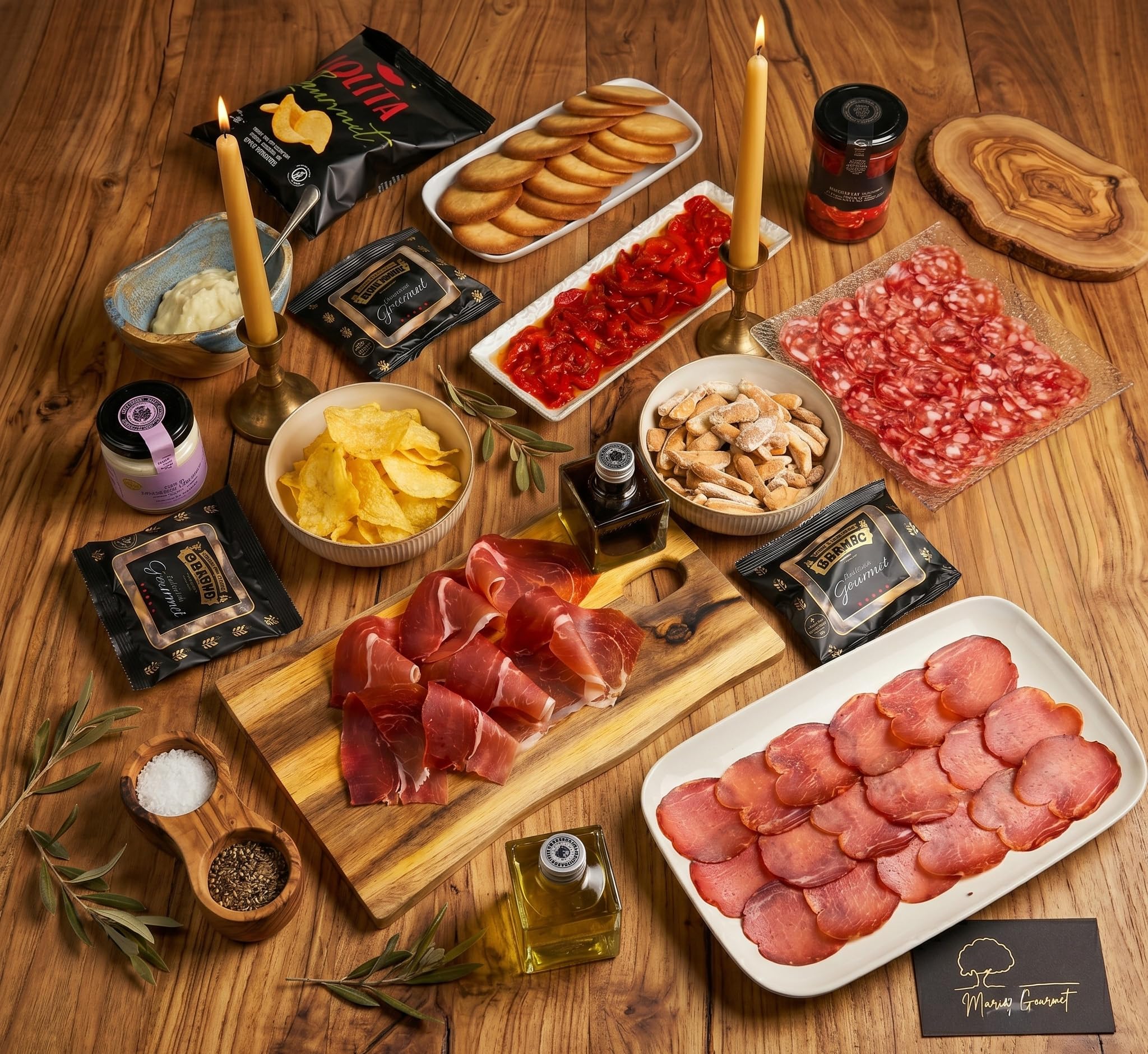 MARIA GOURMET Präsentkorb Tapas-Abend Feinkost Geschenkset Spanisch Spezialitäten Delikatessen Geschenkset Natives Olivenöl Extra Schinken Würstchen Box 2