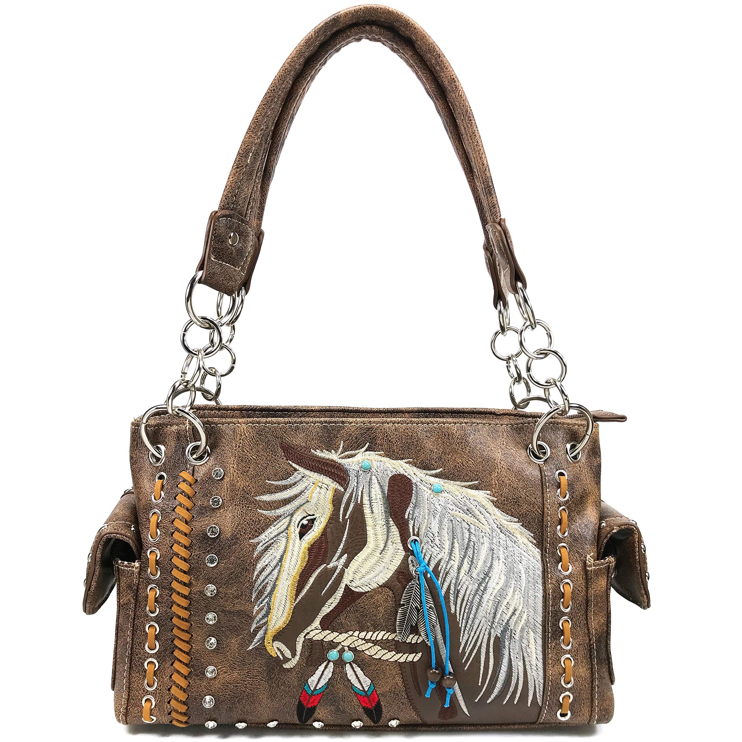 Zelris Dakota Dales Pony Horse Embroidery Mane Western Country Women Conceal Carry CCW Shoulder Handbag Purse with Wallet Set (Brown)