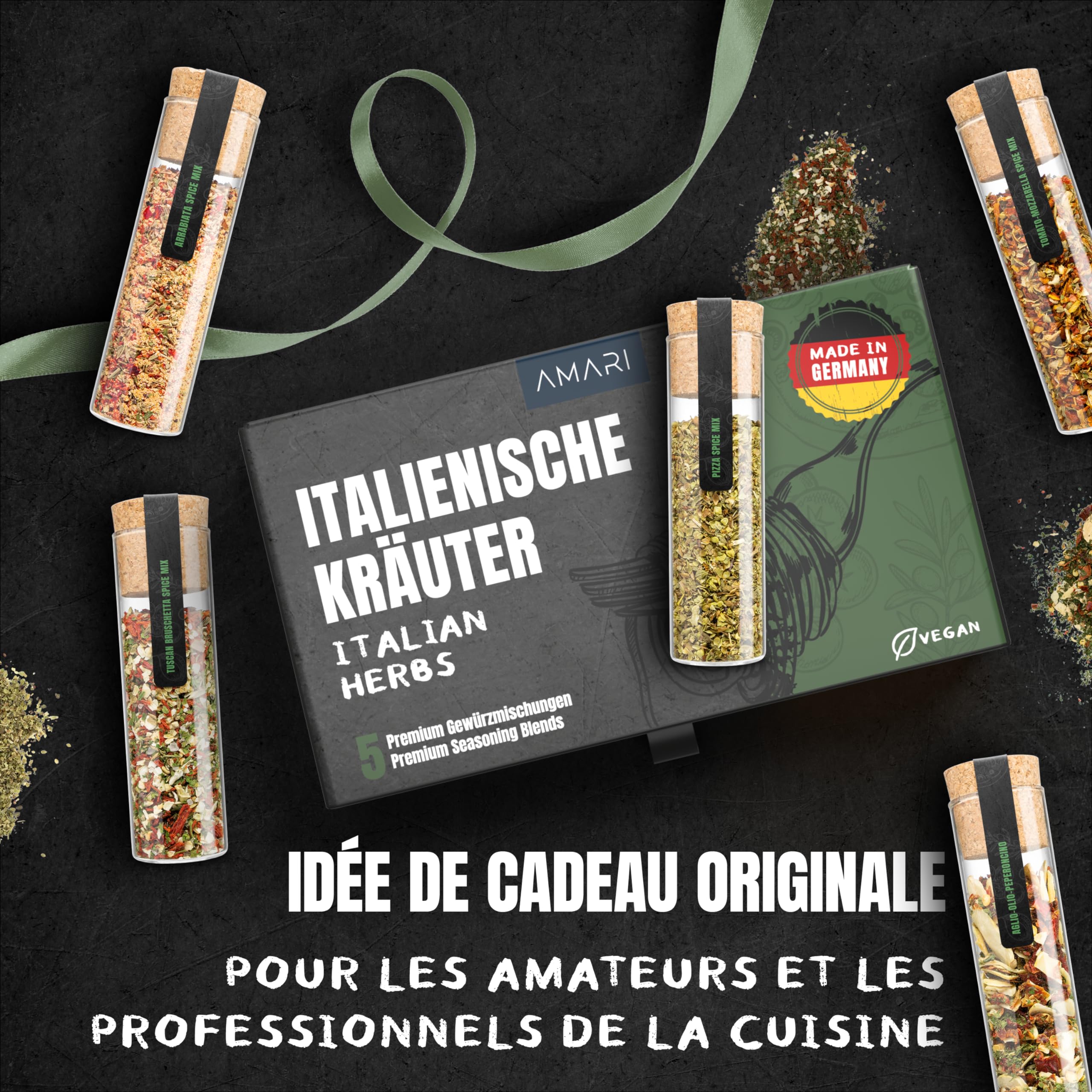 AMARI ® Ensemble de Epices pour Herbes Italiennes – 5 Mélanges d'épices Exquis – Epices du Monde Set Epices Cuisine Italiennes Epices Barbecue
