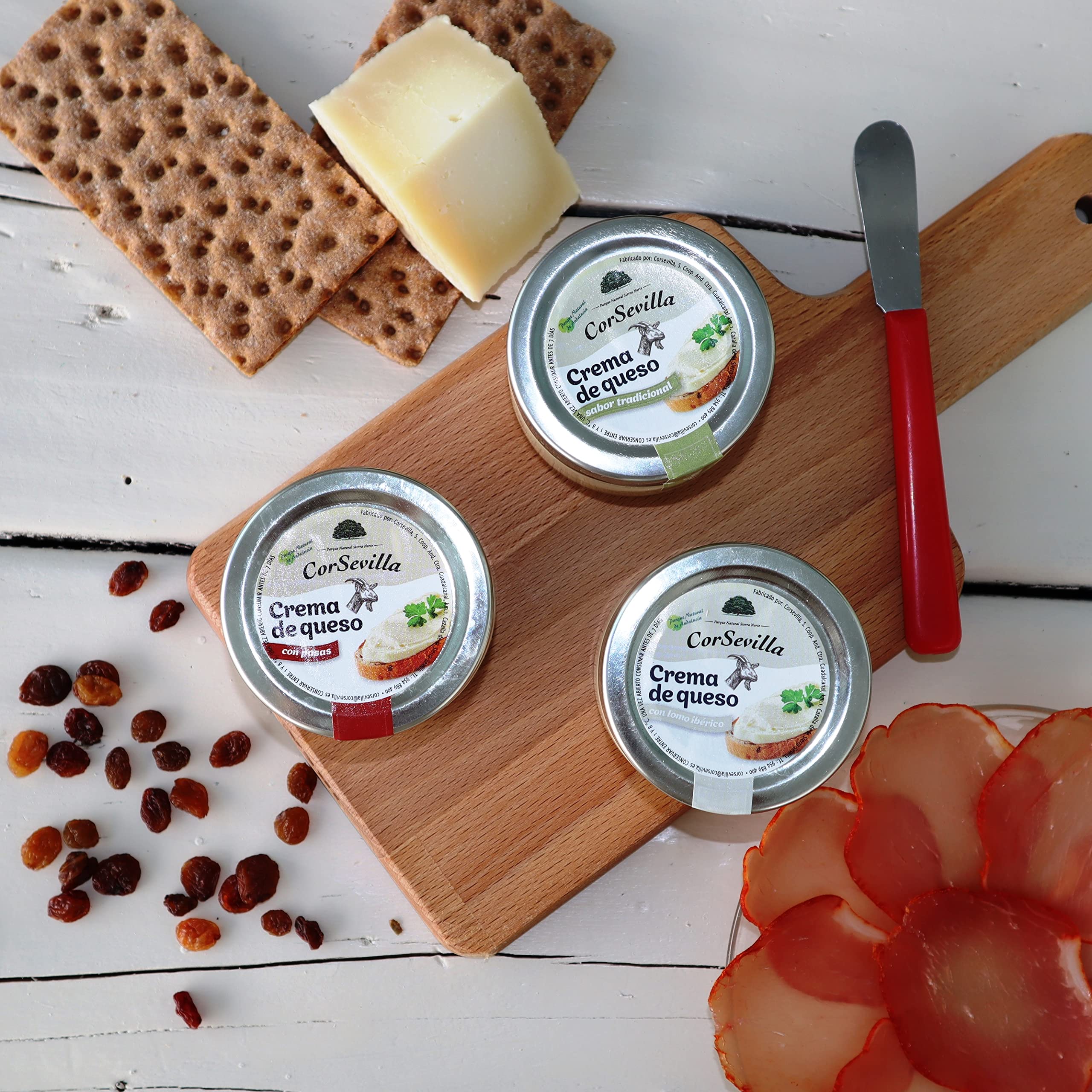 Corsevilla - Crema Queso Cabra Curado - Queso Untar - Lote Gourmet - Tradicional - Pasas - Lomo Iberico - Pack 3 unidades - 100 g unidad aprox - 300 g Pack aprox.