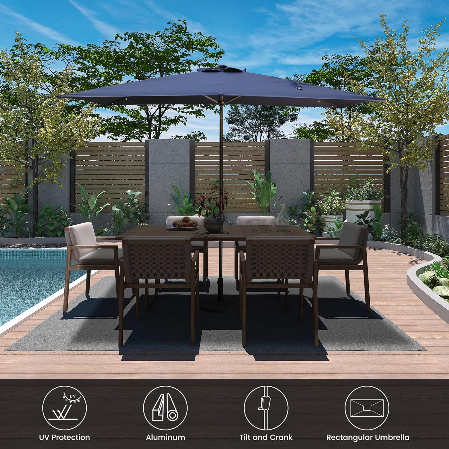 MONDAWE Outdoor Patio Umbrella 10 x 6.5 FT Rectangular Market Umbrella with Tilt and Crank Aluminum Commercial Table Umbrella for Pool Backyard Balcony