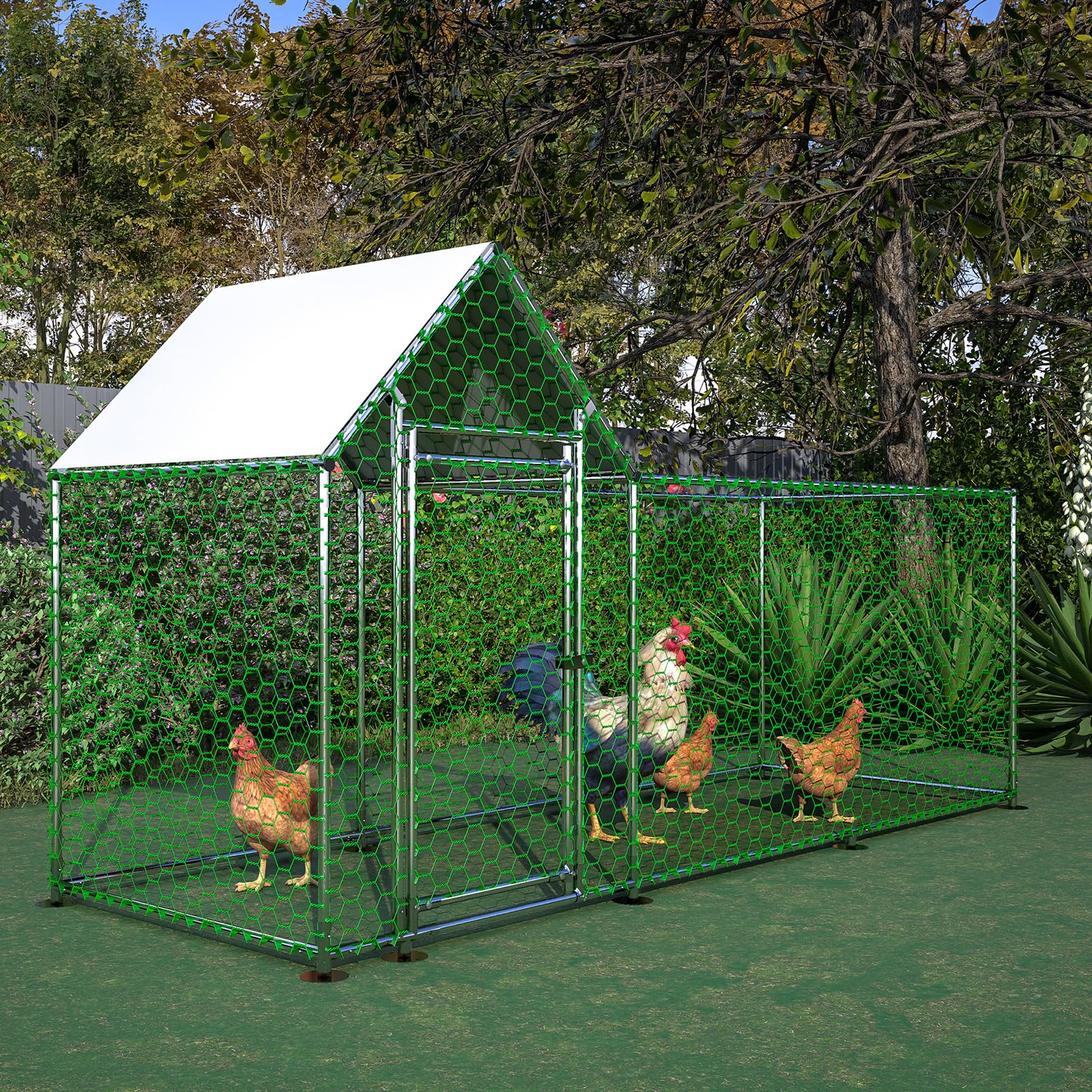 Pollaio per Galline da Esterno, 3x1x1.5m Recinto per 8-12 Galline in Acciaio Zincato, Gabbia per Polli con Tetto Impermeabile Anti-UV Mangiatoia Serratura per Piccoli Animali Conigli Anatre