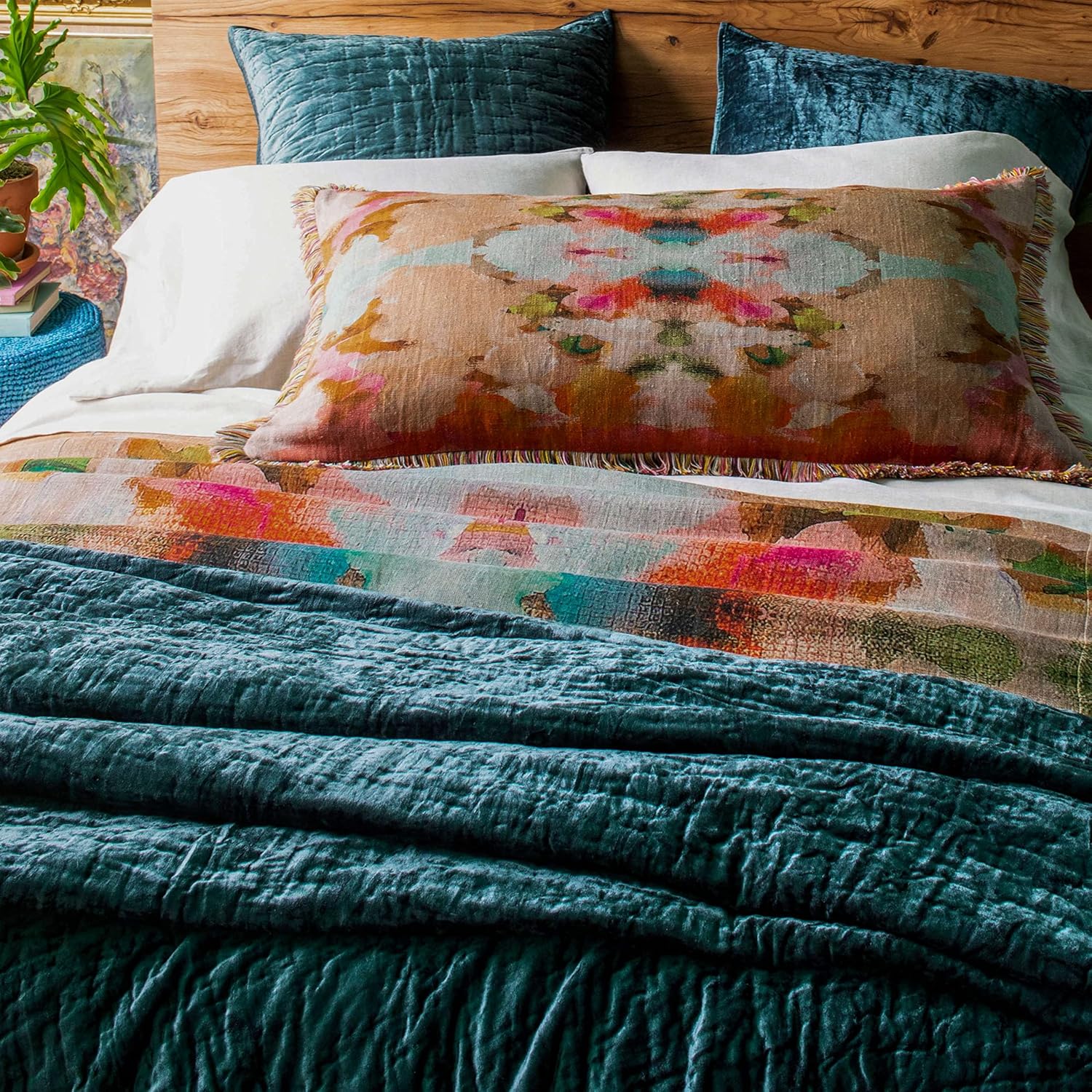 Pine Cone Hill Matte Velvet Juniper Quilt, Full/Queen Size, Green Solid Pattern