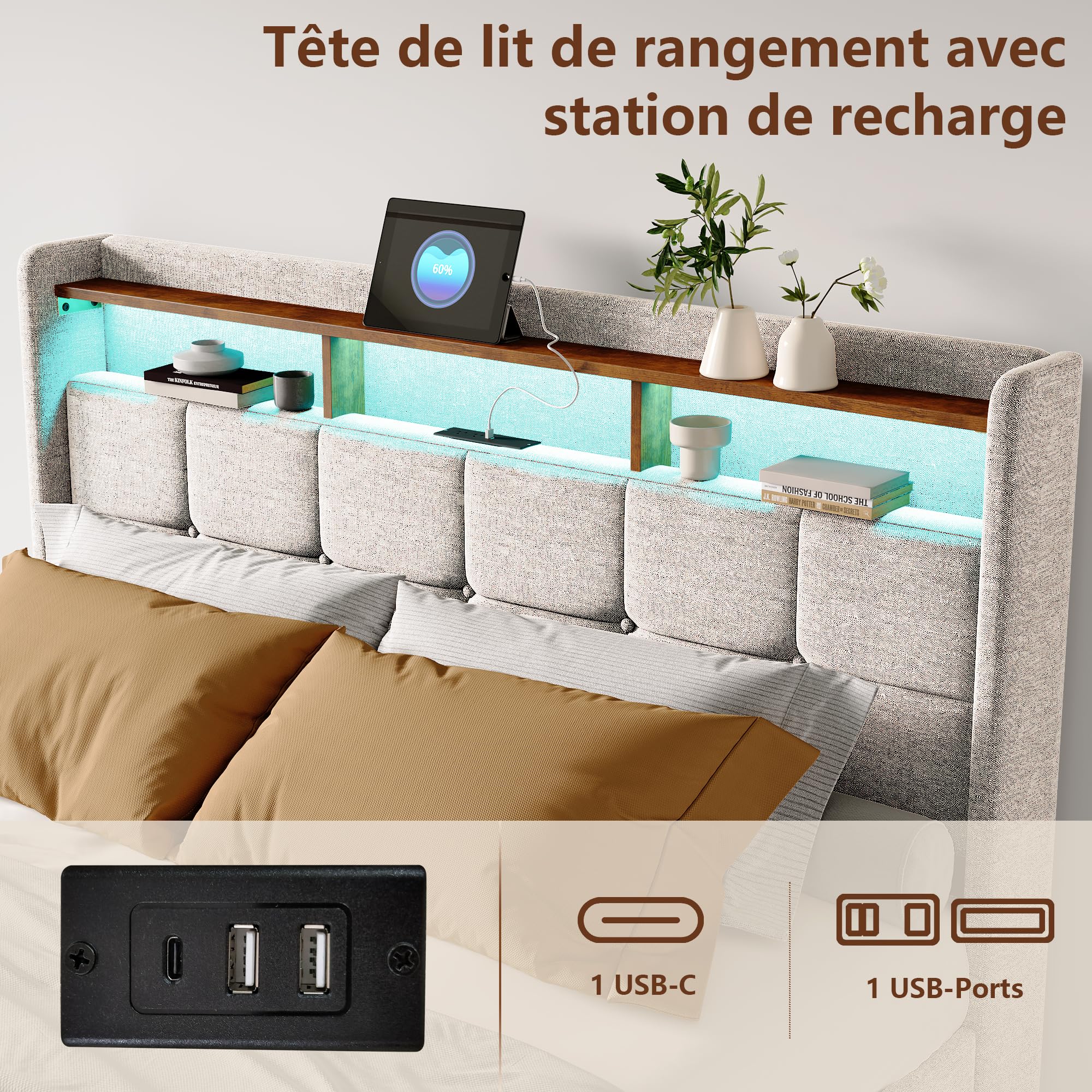 Cama con Espacio de Almacenamiento hidráulico 160x200,Cama tapizada con LED,Cama Acolchada con cajón,Cama Doble con LED y 4 cajoneras,Camas matrimoniales Maletero con cabecero y somier (Beige+Lino)