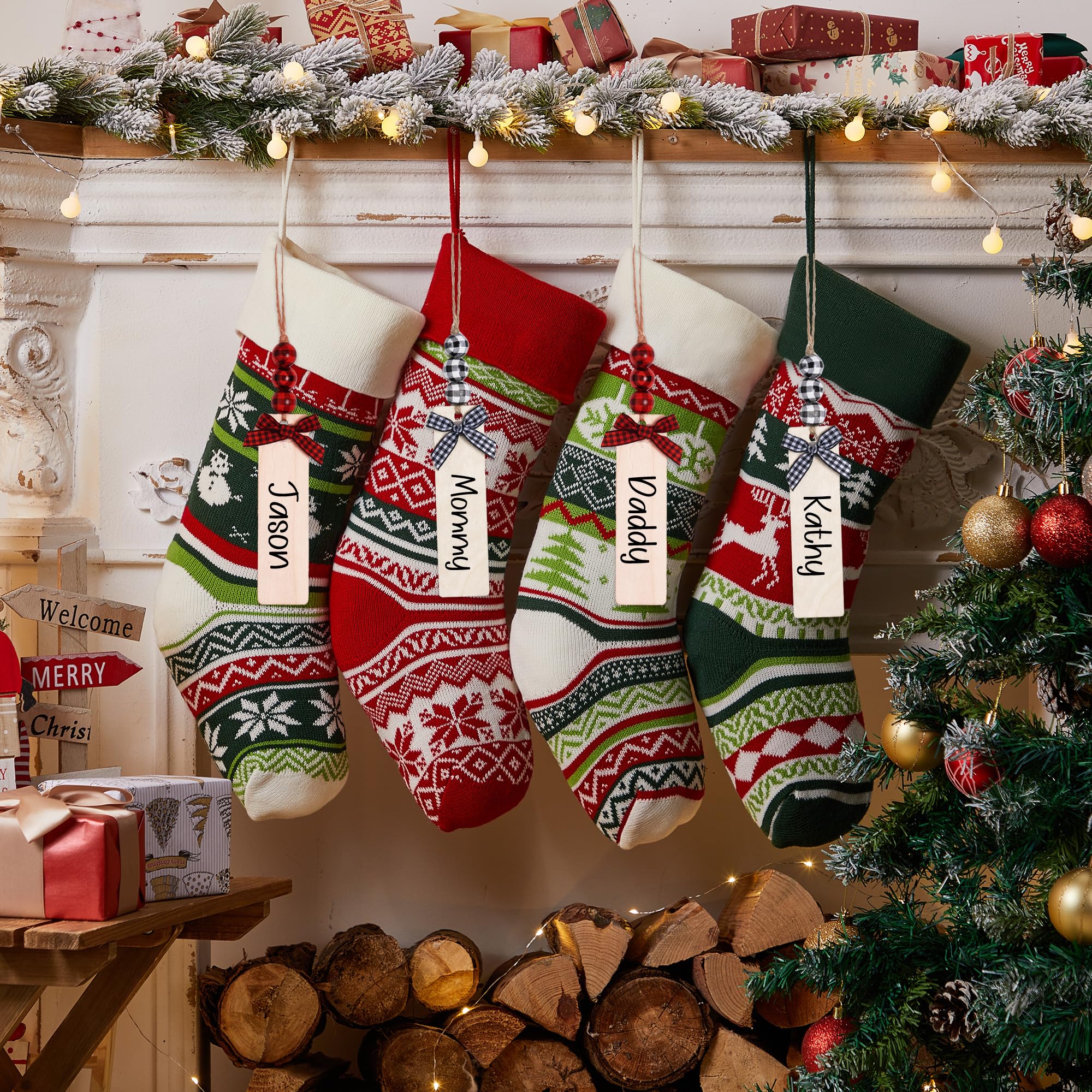 Mostop Confezione da 4 calze natalizie a maglia, 45,7 cm, a treccia, renna, fiocco di neve, pupazzo di neve, calze natalizie con 20 supporti a stella per Natale, vacanze, feste di Natale, decorazioni
