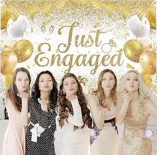 Miniatura 6 de Decoración de fiesta de compromiso dorada, pancarta de oro blanco con texto en inglés "Just Engaged", pancarta de compromiso de oro blanco, telón de