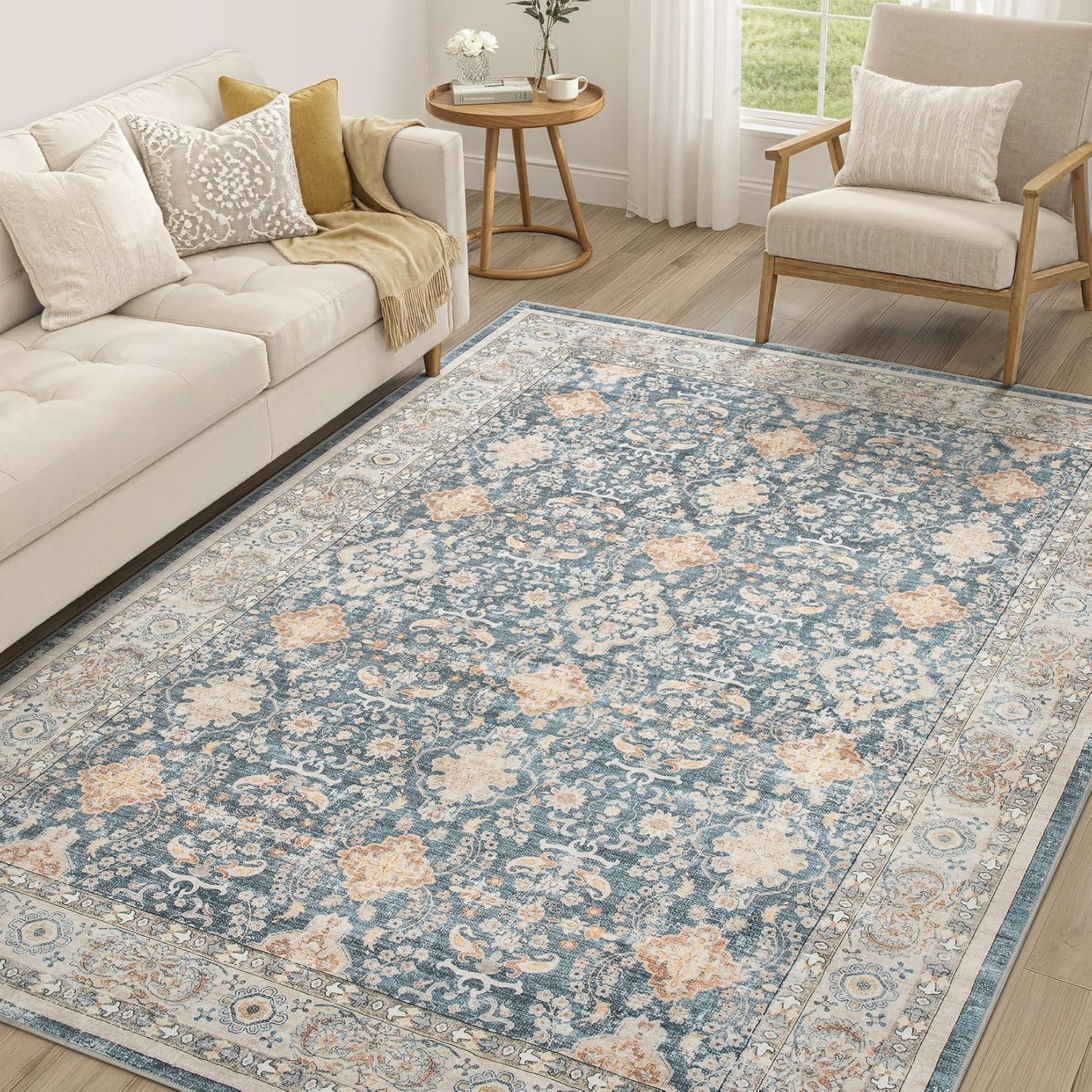 Vintage Living Room Area Rug 6x9 - Large Soft Washable Oriental Traditional Distressed Farmhouse Rugs for Bedroom - Indoor Floor Accent Carpet for Home Office House Decor - Dark Blue Dark Blue 6' x 9' (Rectangular)