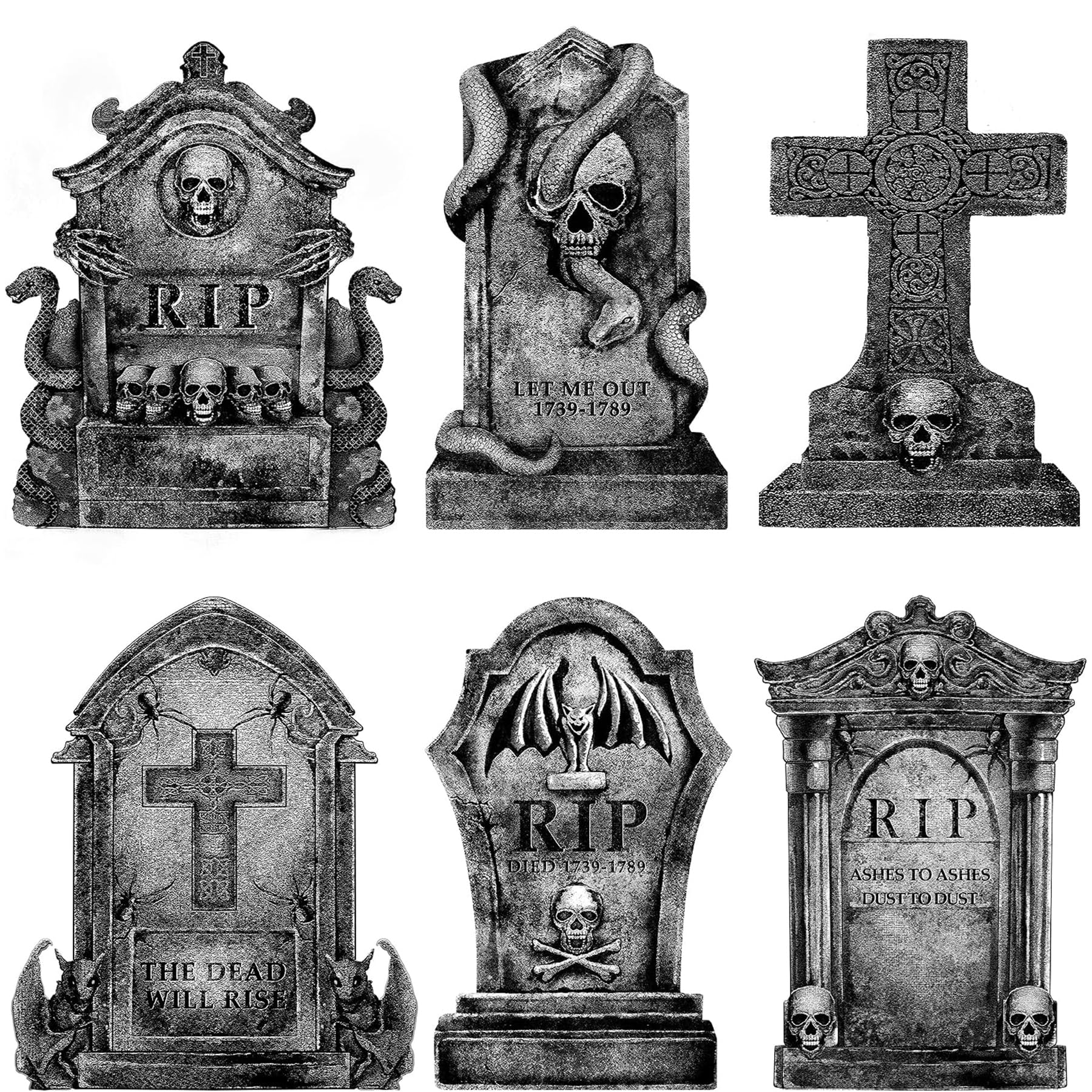 HONHHUO Halloween Grabsteine 6er Set, Gartendeko mit 12 Kunststoffstäben | 6 verschiedene Motive für eine abwechslungsreiche Friedhof-Kulisse in Garten, Rasen, Hof oder Eingangsbereich.