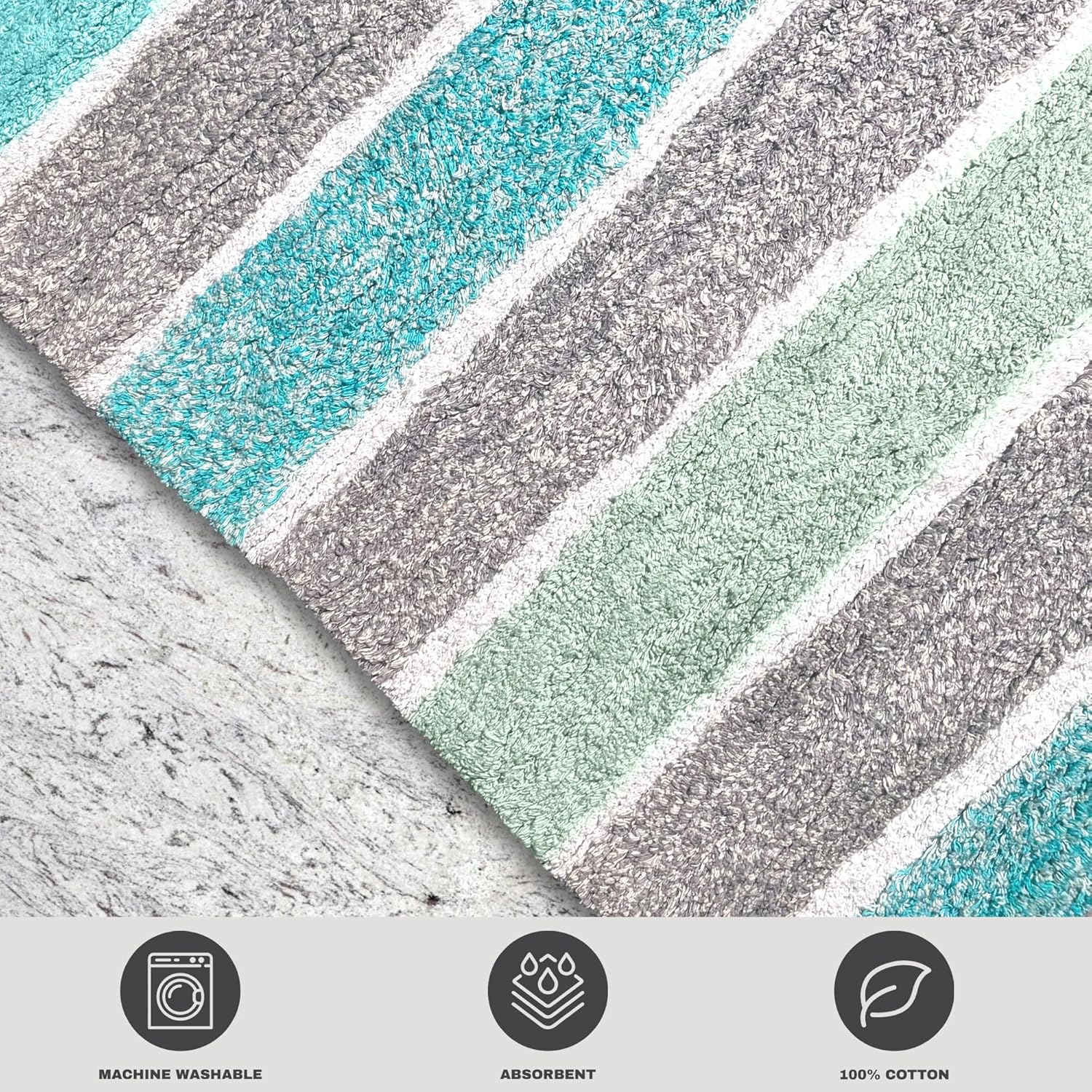 Chardin home Cordural Stripe Bath Mat, 24 x 40 Inches | Non Slip Bathroom Rug, Machine Washable, Plush, Highly Absorbent | Mint Green & Grey
