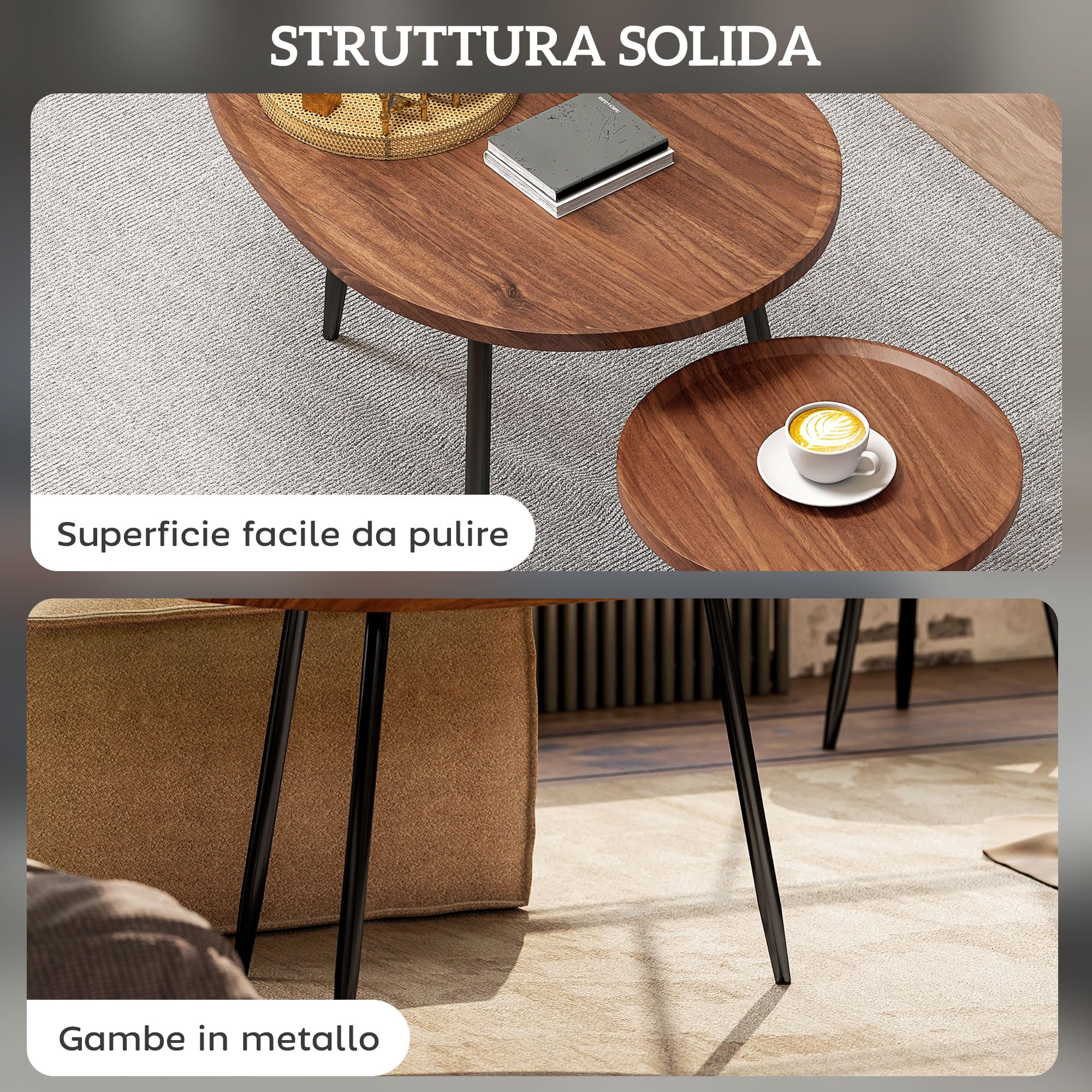 HOMCOM Set di 2 Tavolini da Salotto Sovrapponibili, Coppia Tavoli Bassi Moderni in Legno e Metallo per Ufficio, Soggiorno e Camera, Colore Noce