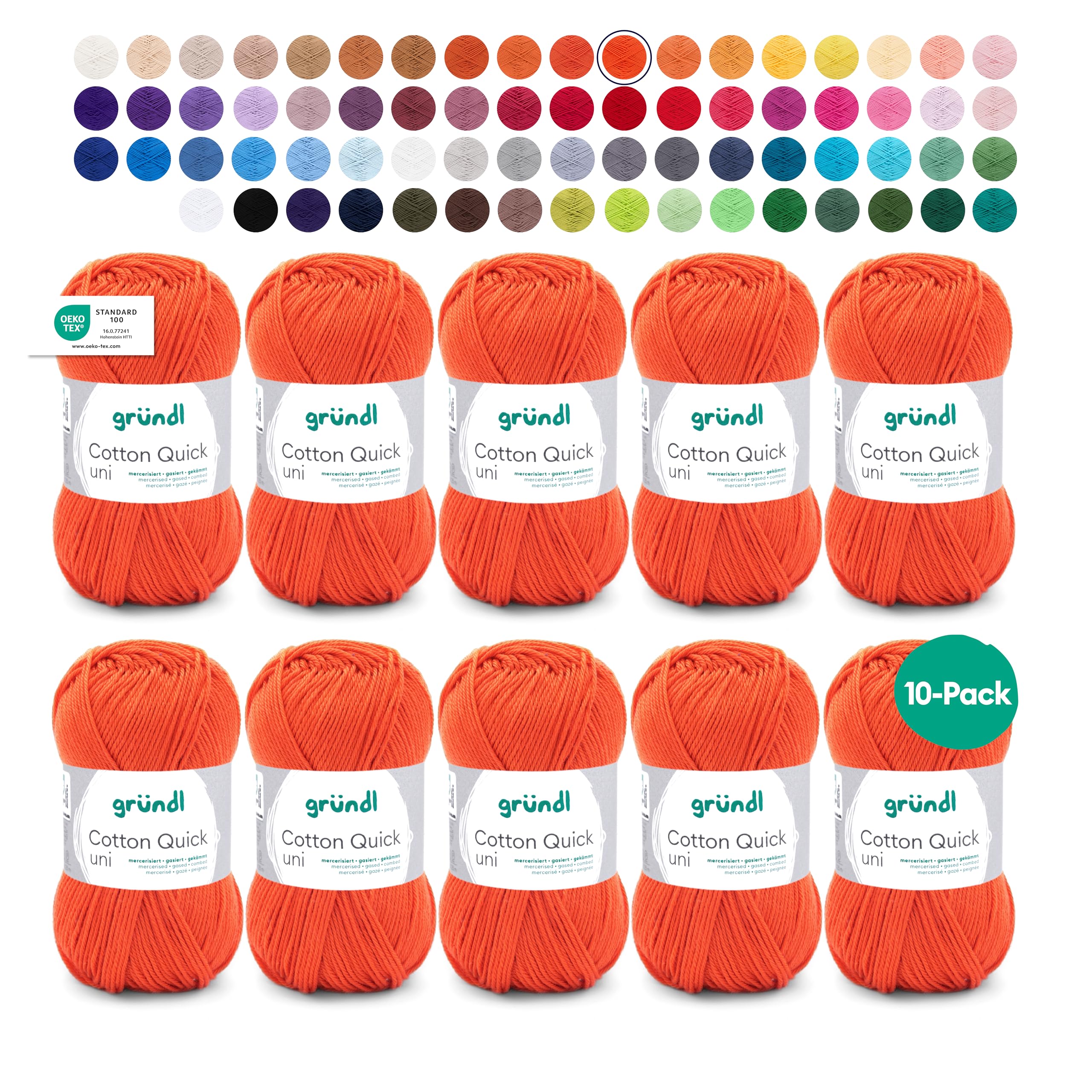 Gründl Wolle Cotton Quick uni - dünne Wolle zum Häkeln - Strickgarn - Häkelgarn - Glänzend und hautfreundlich - 100% Baumwolle - 10 Knäuel 50 g / 125 m - Nadelstärke 3-4 - signalrot