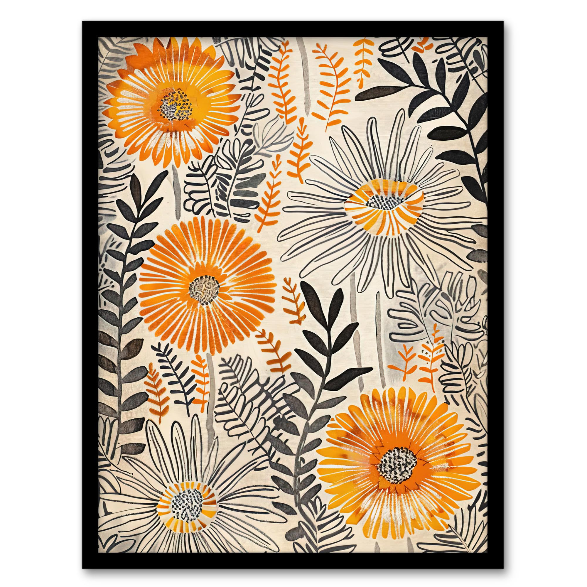 Artery8 Orange Marigold Flowers Abstract Floral Design Living Room Artwork Framed Wall Art Print 18X24 Inch