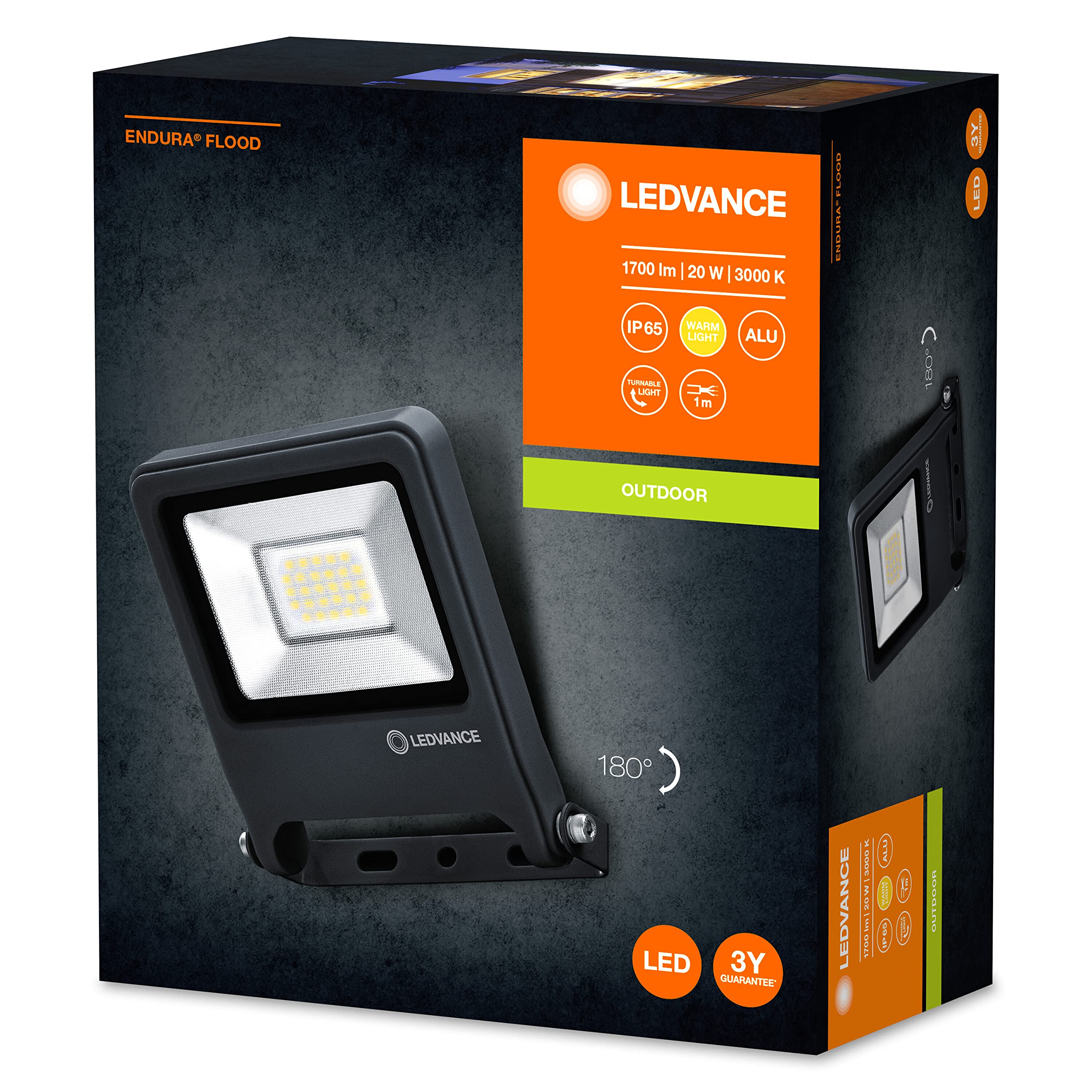 LEDVANCE Endura Flood Proiettore da Esterno 20W Luce calda 3000K, Grigio Scuro