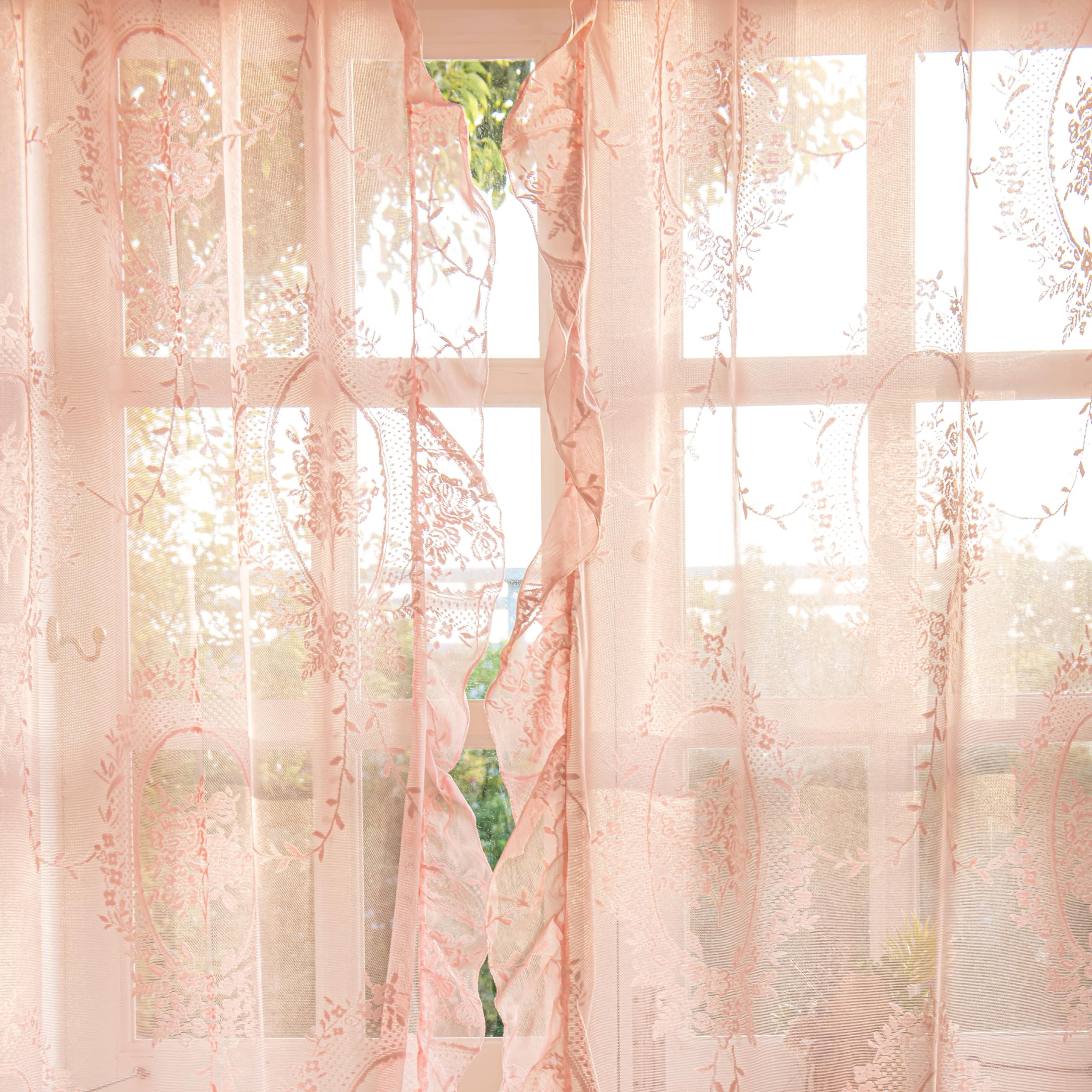 Lavyhuno Tende in pizzo rosa, 2 pannelli, lunghe 182,9 cm, per cucina, cameretta dei bambini, ricami floreali con rose velate, stile shabby chic, tende per finestre, tende per camera da letto, tasca