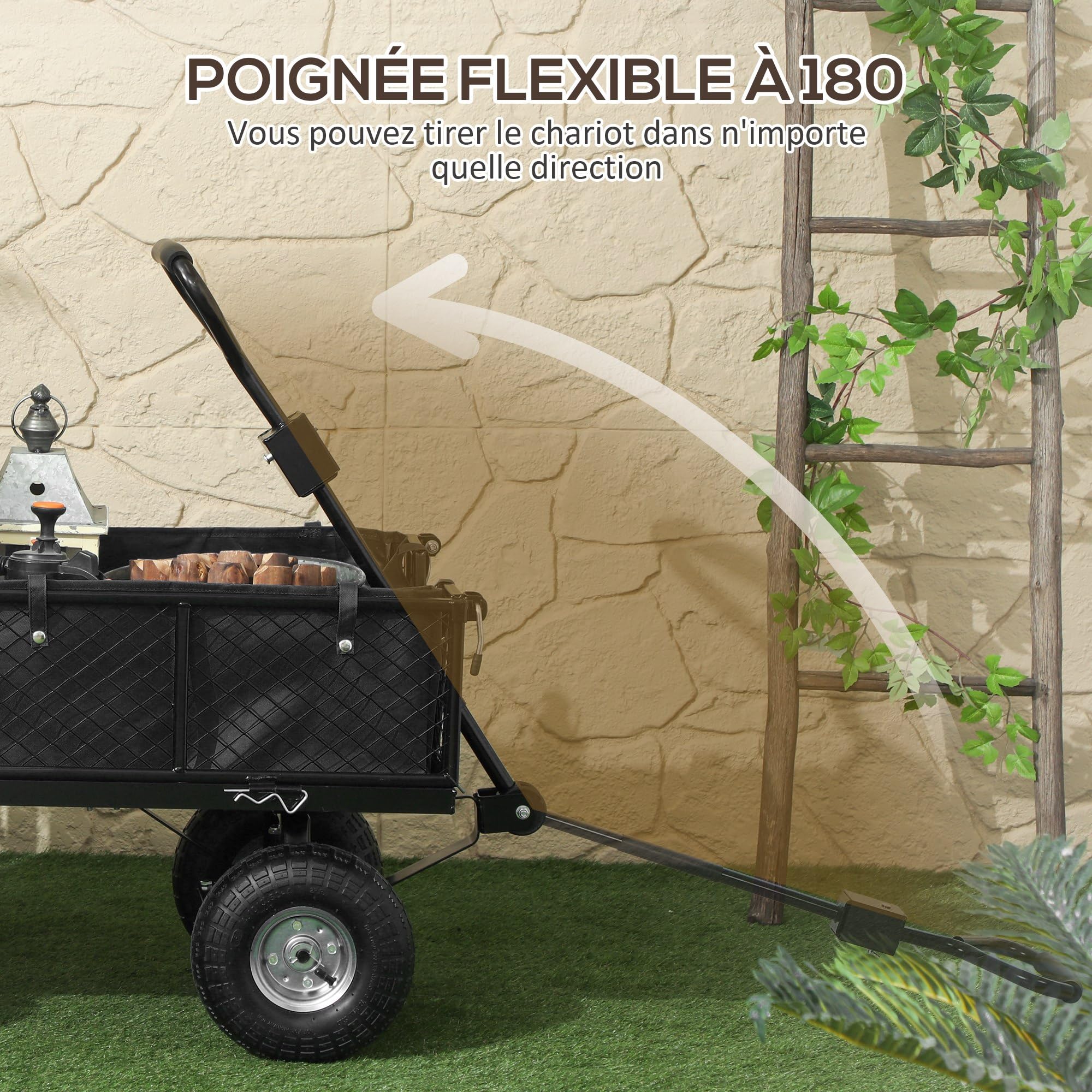Outsunny Chariot de Jardin 300 Kg à roulettes, Poignée Rotative 180°, Noir | Chariot de Transport, Bâche Amovible, Remorque à Parois Rabattables, Pneus Gonflables 25 cm