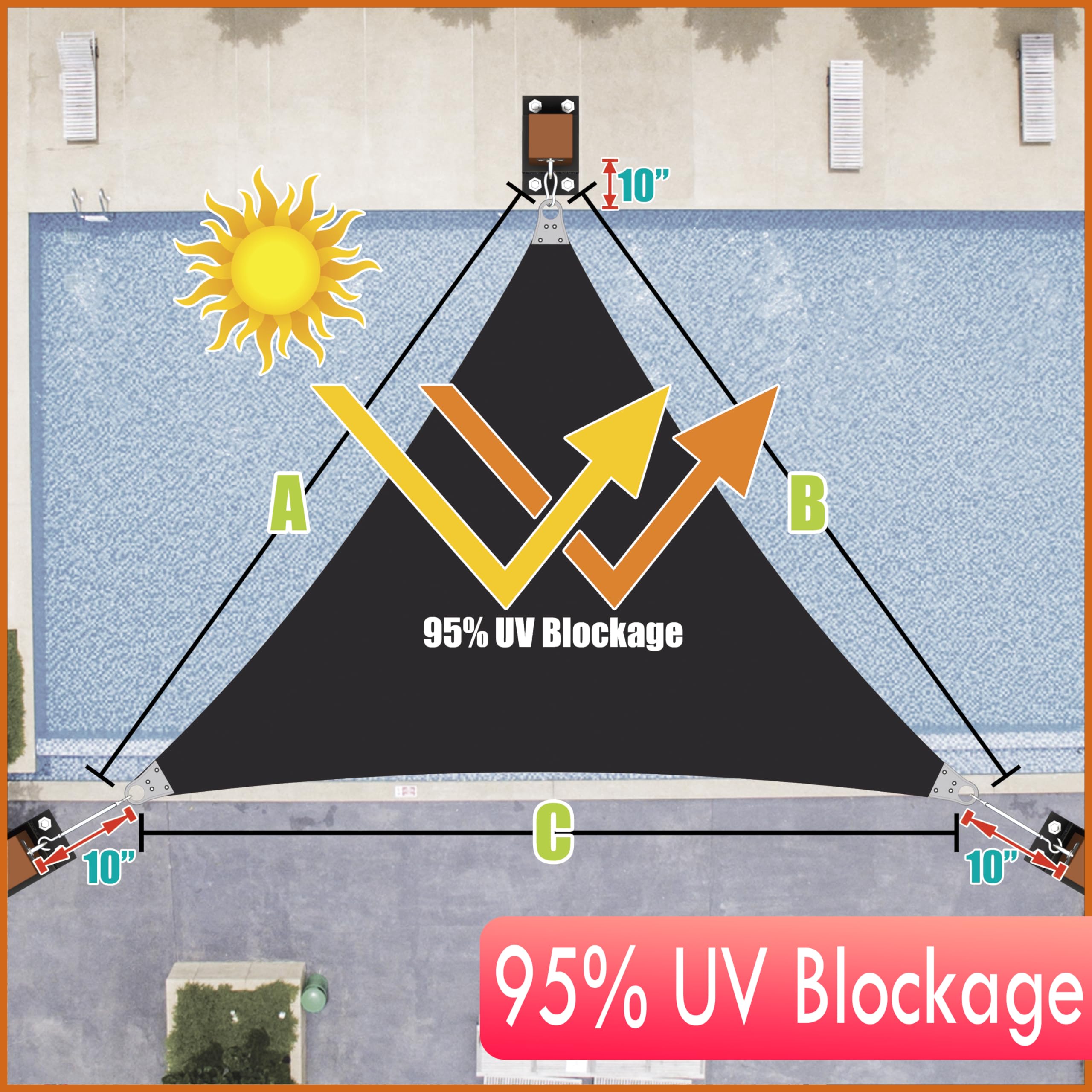 ColourTree Super Ring 20' x 20' x 20' Black Triangle Sun Shade Sail, Commercial Grade UPF50 Canopy, Reinforced Corners, Edges, 260 GSM Fabric & Heavy Duty - 3 Years Warranty (We Make Custom Size)