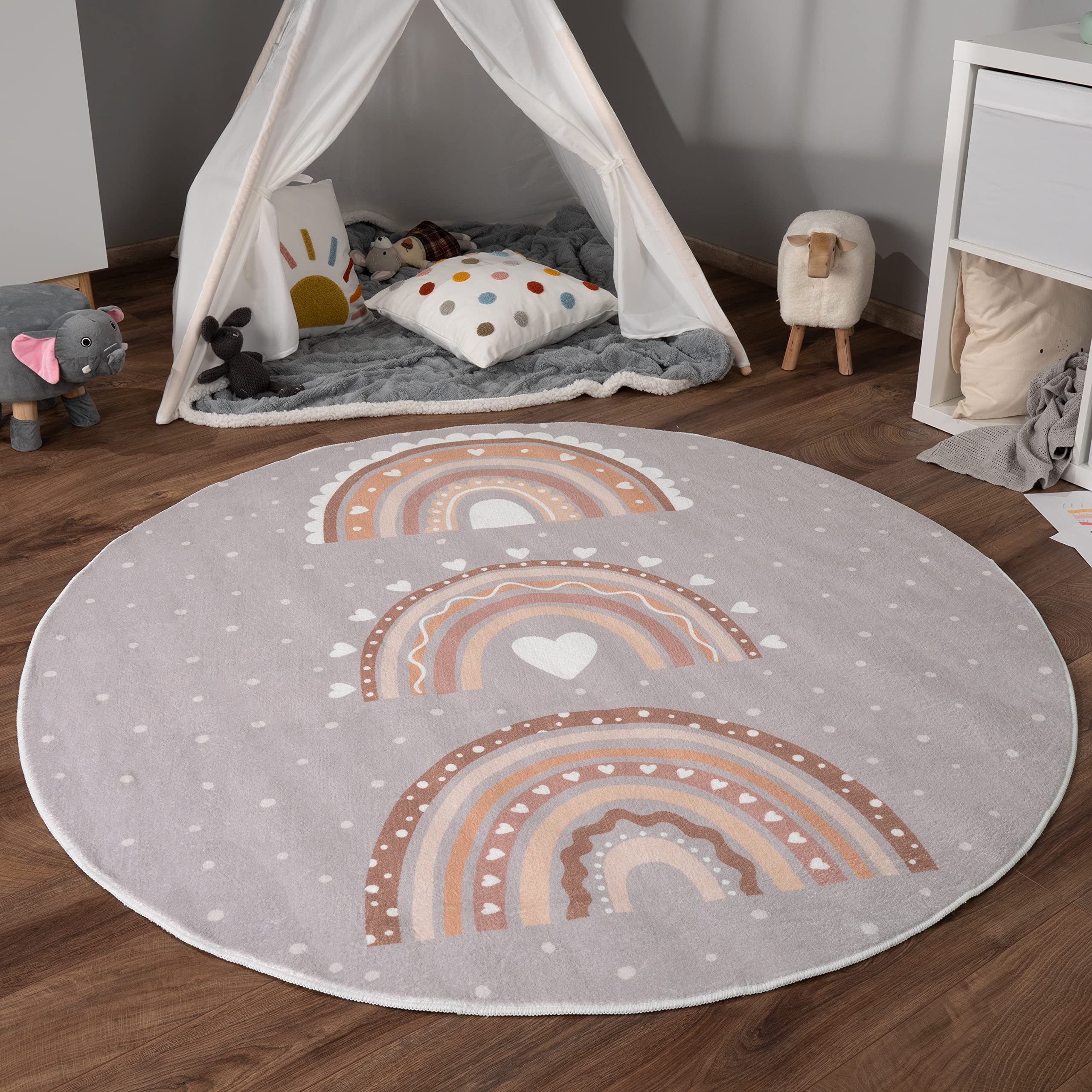 Paco Home Alfombra De Habitacion Bebe Infantil Niña Niño De Juego Antideslizante Arcoíris Corazón Lunares, tamaño:Ø 120 cm Redon, Color:Gris-Beige