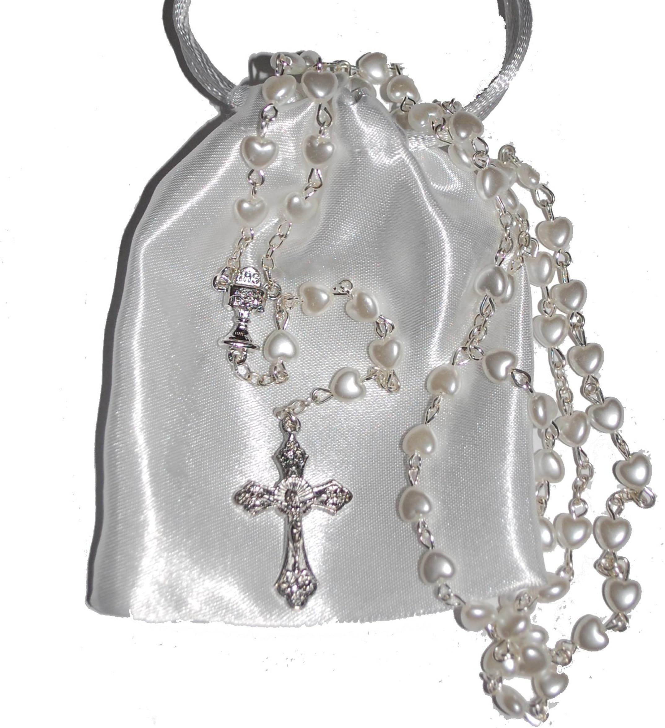 Beautiful White Heart Rosary Beads - Girls & Boys Gift - Perfect First Rosary, Communion or Confirmation Present by Amelia Mae