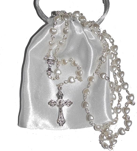 Beautiful White Heart Rosary Beads - Girls & Boys Gift - Perfect First Rosary, Baptism, Christening, Communion or Confirmation Present. Excellent Quality Five Decade Heart Shaped Rosary bead set supplied with FREE white satin drawstring pouch. Ideal