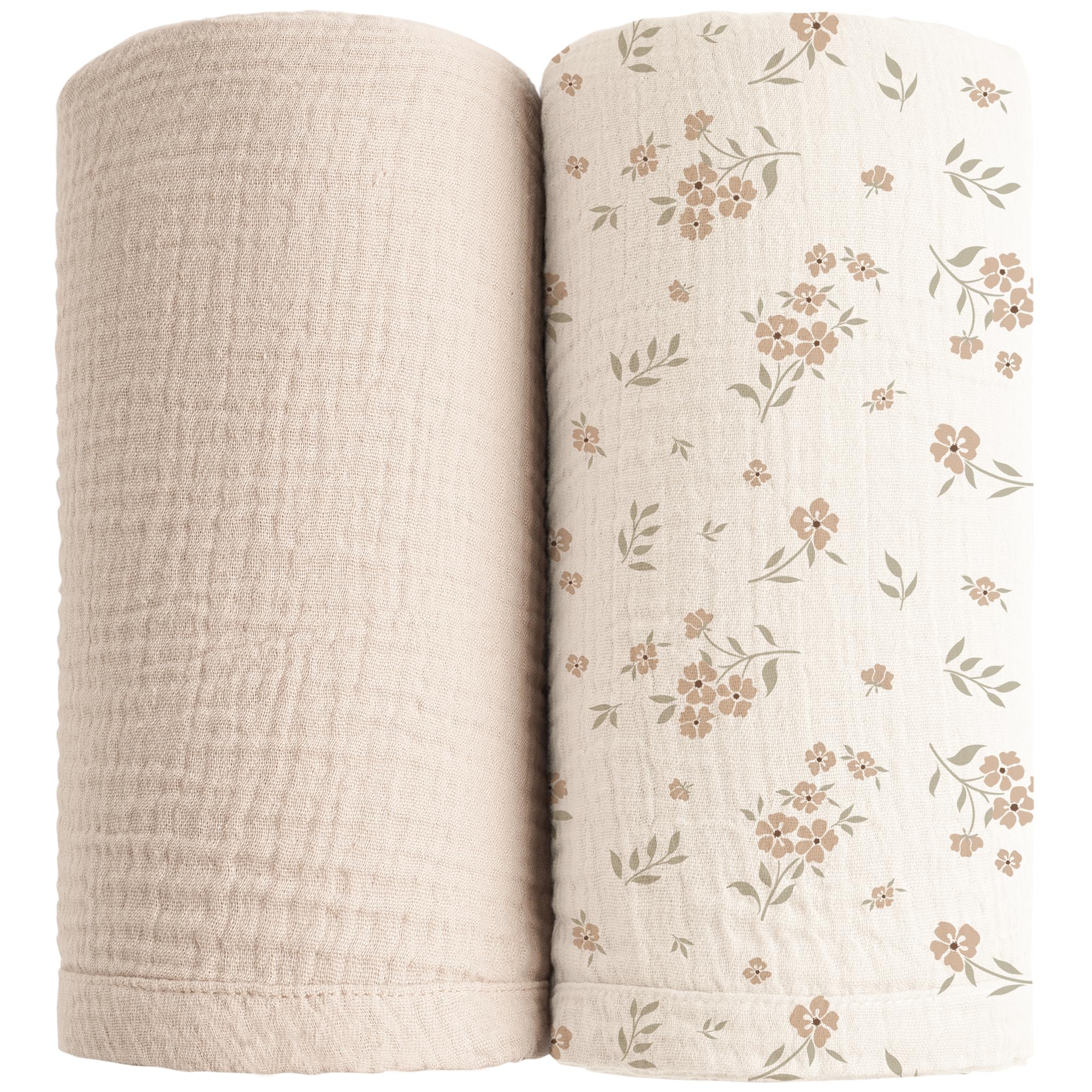 Konssy Muslin Swaddle Blankets for Boys Girls, 2 Pack Receiving Baby Blanket Large 47 x 47 inches, Soft Breathable Swaddling Wrap for Unisex Newborn (Blossom,Cream)