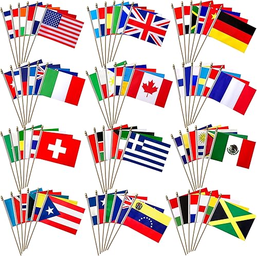 Banderas internacionales de 100 países en palo de madera, pequeñas banderas de mano para eventos deportivos, festival internacional, 5 x 8 pulgadas