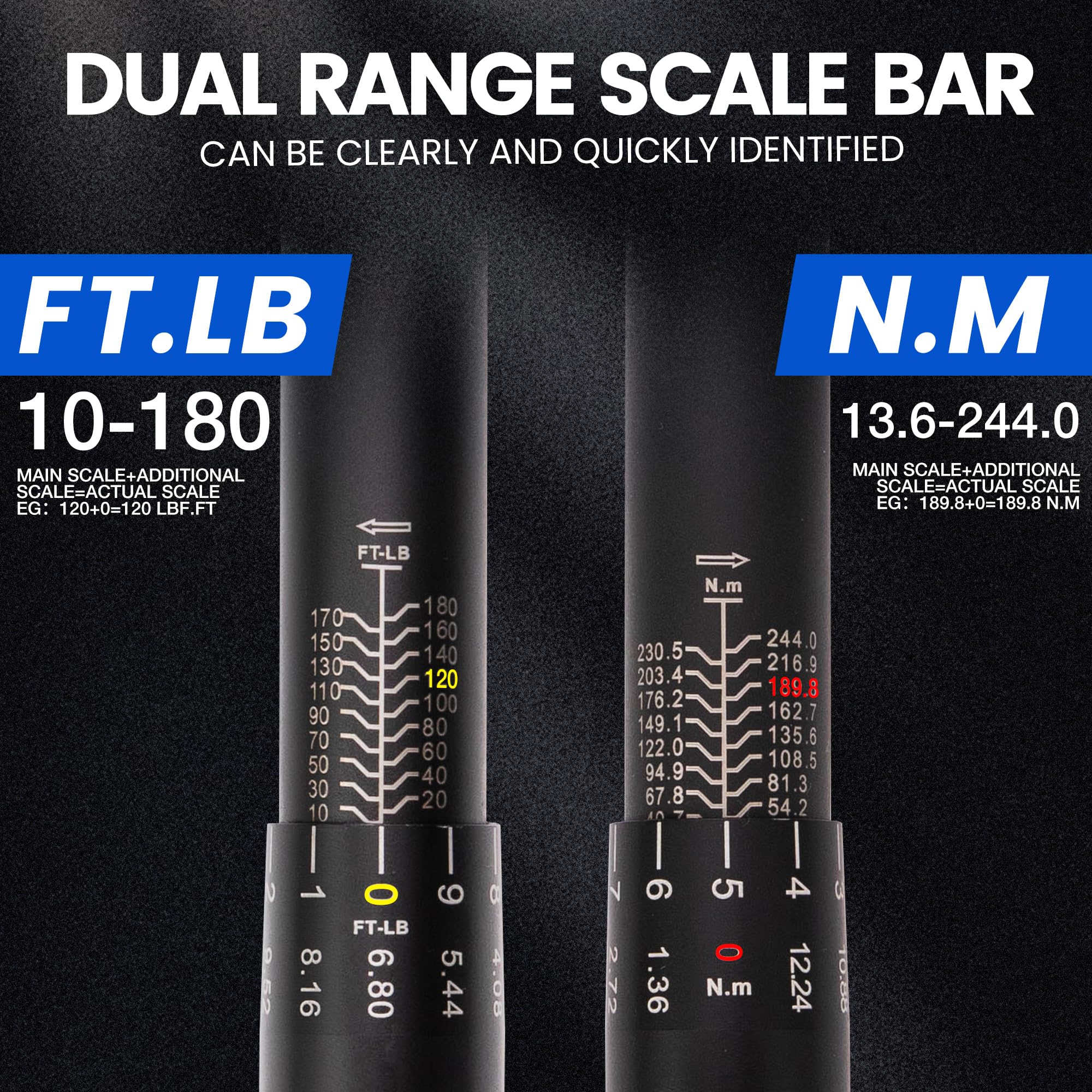 1/2 Inch Drive Click Torque Wrench, 10–180 Ft.Lb/13.6–244.0 Nm ±3% Accuracy, 72-Tooth Dual-Direction Ratchet, Adjustable Newton Meter Torque Wrenches for Motorcycle,Car & Bicycle Repair - 4