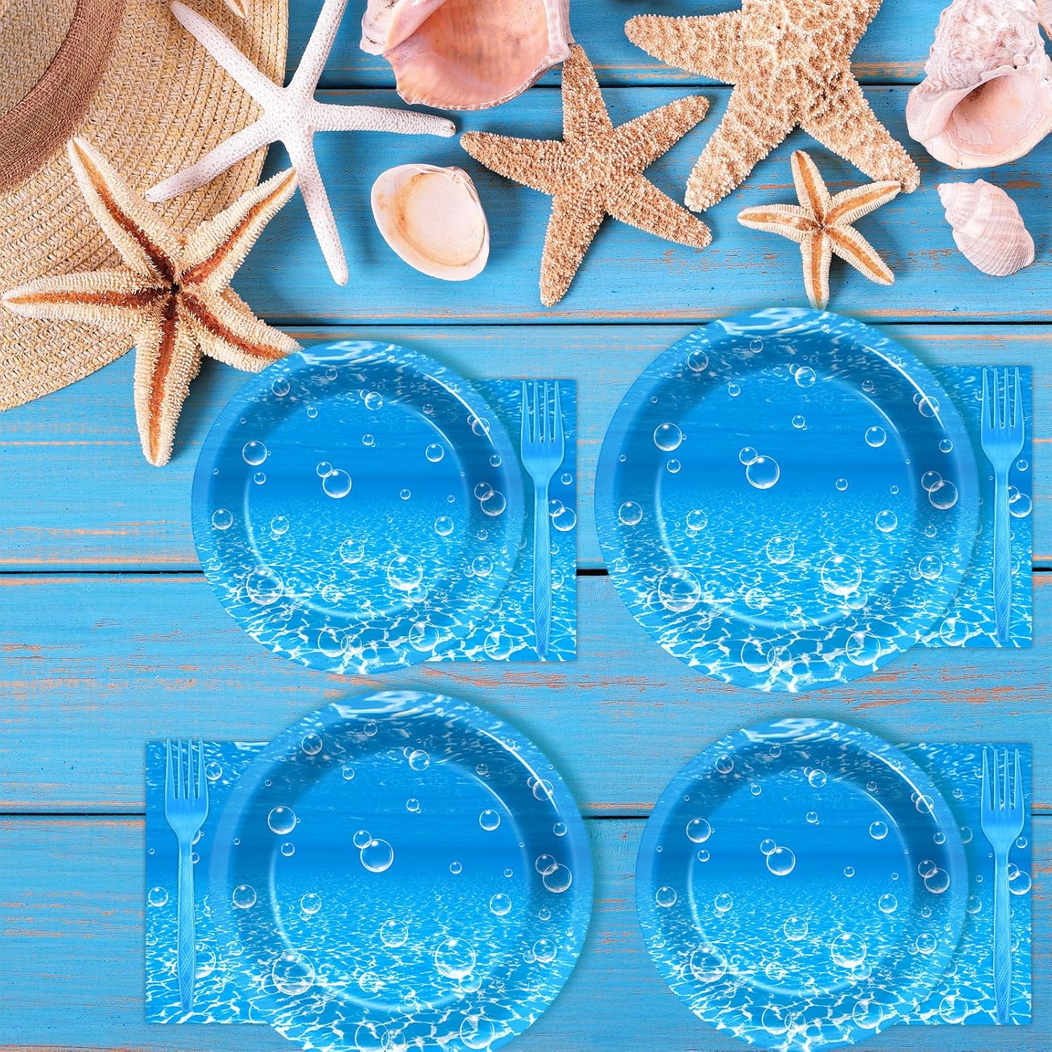 200PCS Ocean Sea Party Plates and Napkins Under the Sea Bubbles Themed Tableware Set for Ocean Party Decorations Dessert Plates Serve 50 Guests for Blue Baby Shower Birthday Favor Supplies