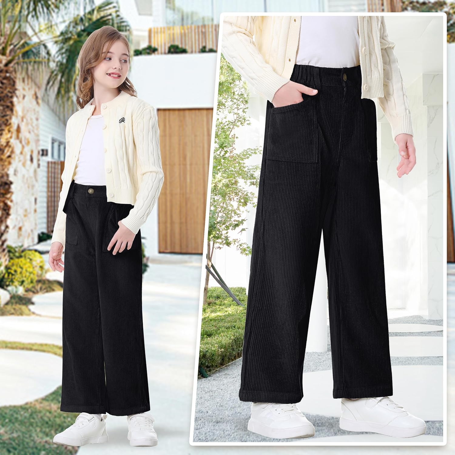 Rolanko Girls Wide Leg Corduroy Pants High Waist Trousers Vintage Kids Pants Streetwear Casual 4-12 Years - Image 2