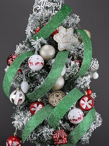 Miniatura 4 de Cinta verde con alambre de 1.5 pulgadas, con purpurina, decoración de Navidad, cinta verde esmeralda para envolver regalos, corona, árbol,