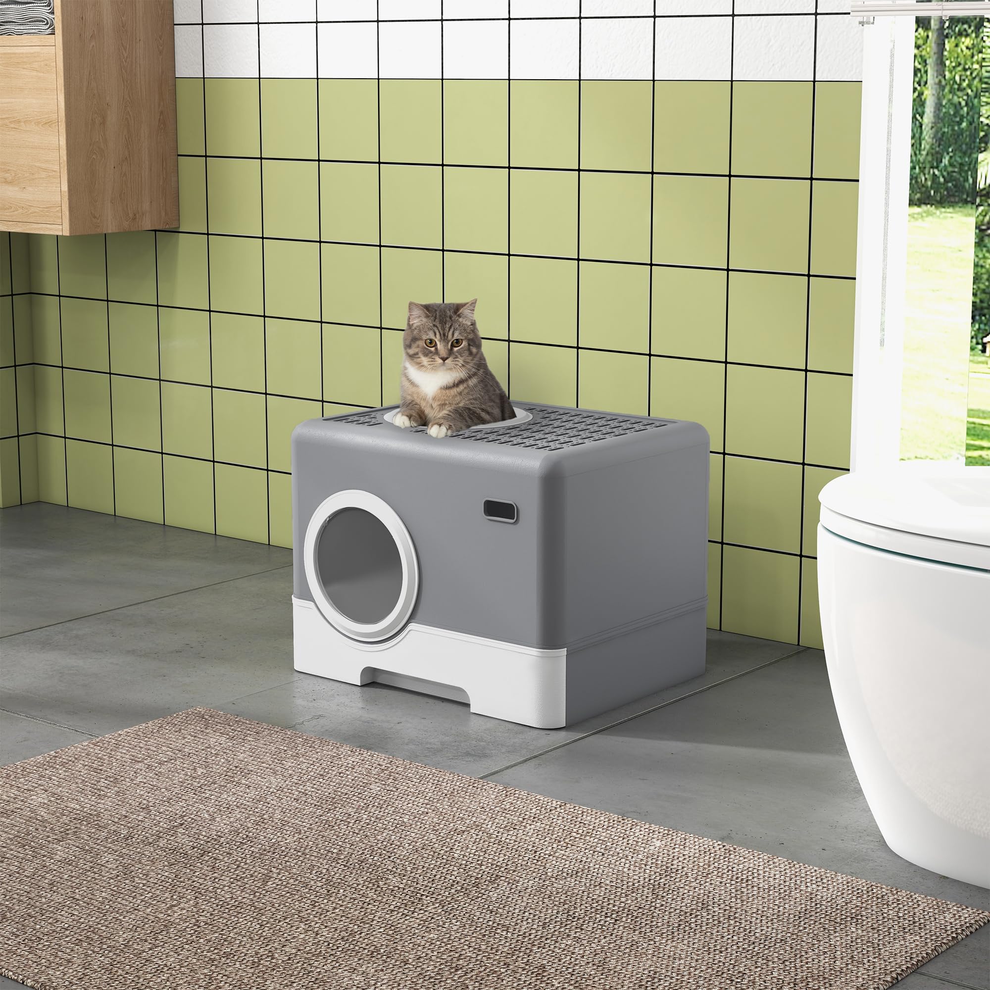 PawHut Katzentoilette mit Deckel Katzenklo mit Haube und Schaufel ausziehbare Schublade 2 Ausgänge Katzentoilette für Katzen bis 4 kg 52 x 41 x 38,5 cm Grau