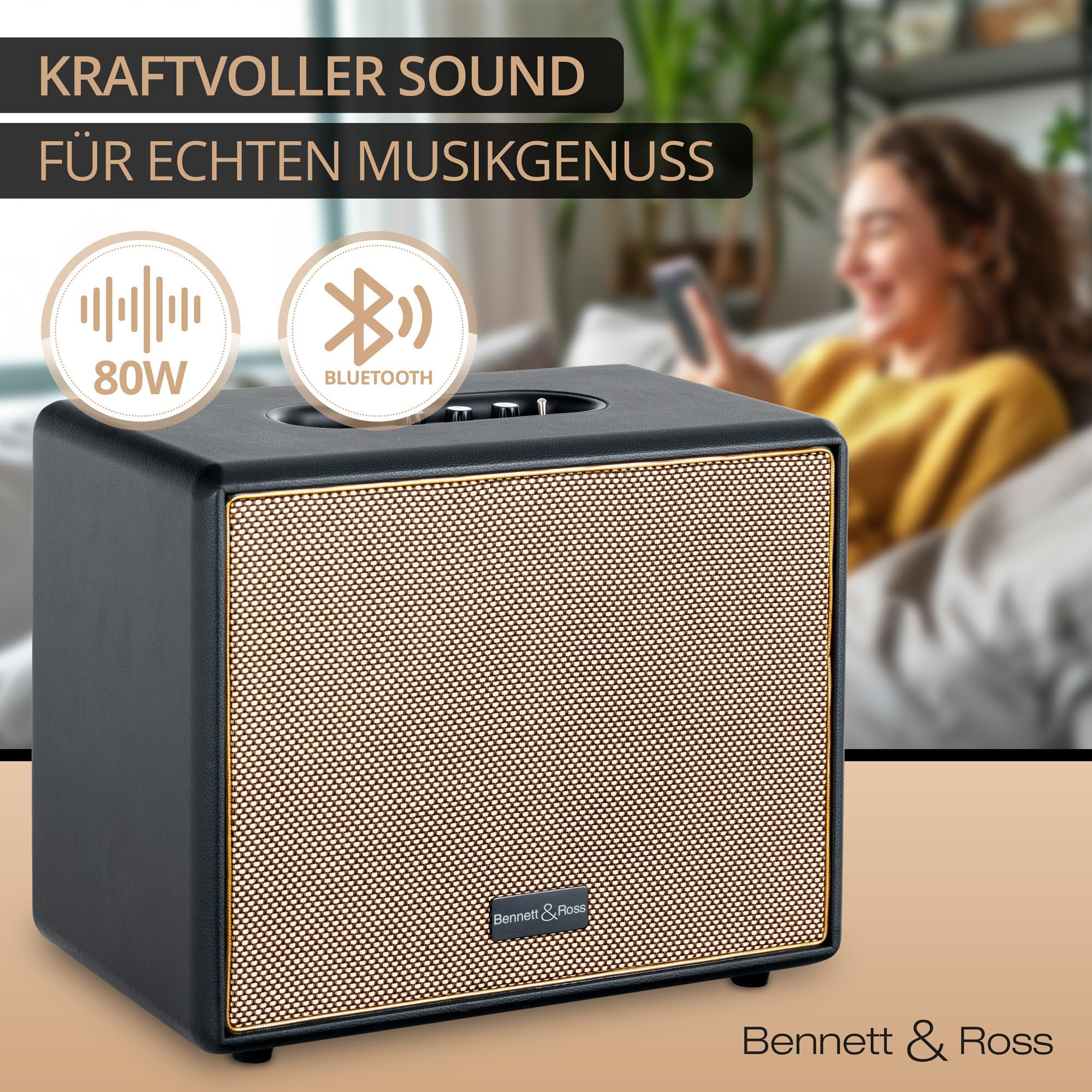 Bennett & Ross BB-880BK Blackmore Giant - Retro Bluetooth Lautsprecher in Lederoptik - TWS-Funktion - Vintage Speaker mit 2X 40W Leistung - USB-Eingang mit MP3-Player - Aux-Anschluss - Schwarz