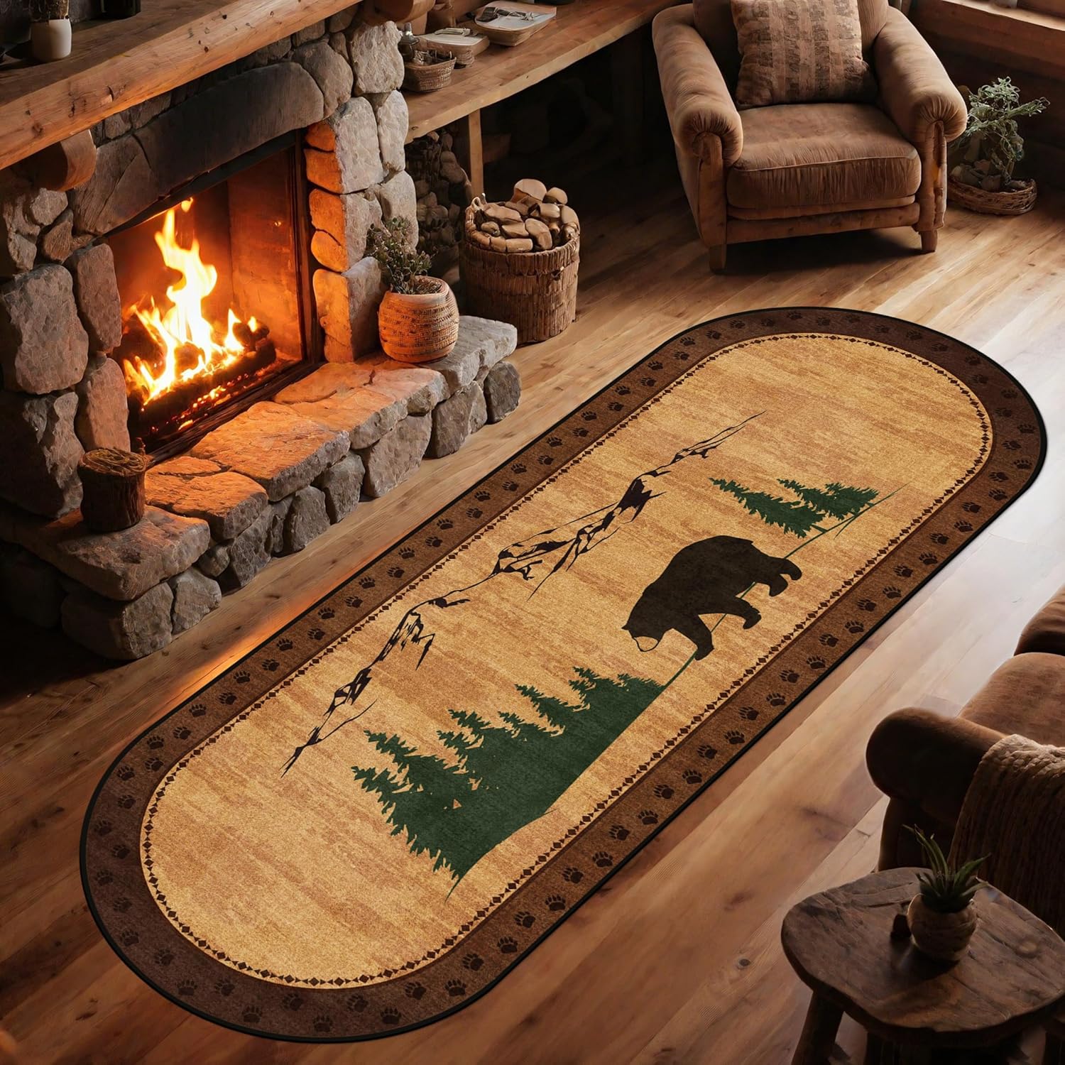 Rustic 2x6 Bear Rug, Thickened Non-Slip Brown Oval Runner Rug with Cozy Bears & Cub Scene, Washable Cabin Lodge Decor for Farmhouse Hallway, Laundry Room, Bedroom, Kitchen, Winter Christmas Area Rugs