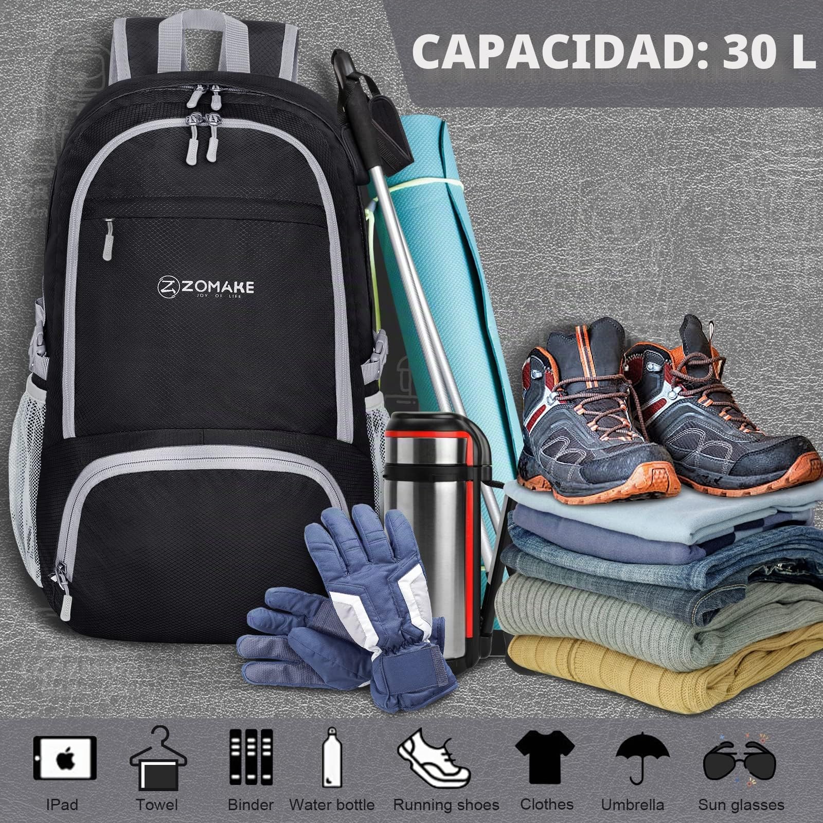 ZOMAKE Mochila Plegable Senderismo 30L Impermeable Hombre Mujer Viaje Trekking