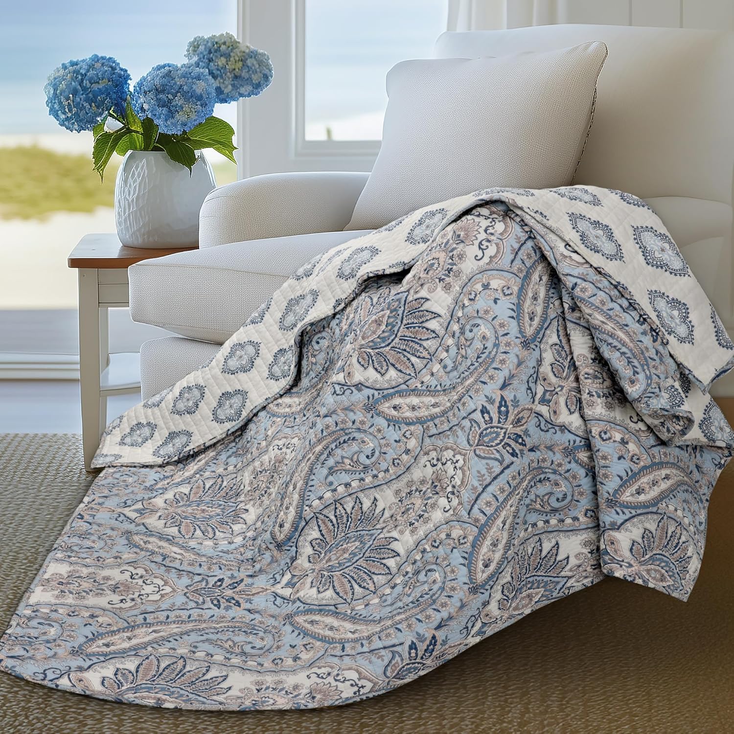 Levtex Home - Kasey - Quilted Throw - 50x60in. - Paisley - Red, Blue, Beige, Yellow, Black, and White - Reversible Pattern - Cotton Fabric