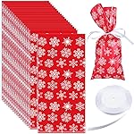 Boao 100 Pcs Christmas Cellophane Treat Bags Snowflake Goodie Candy Bag with Ribbon for Winter Holiday Christmas Party Supplies(Red Bag with White Ribbon)
