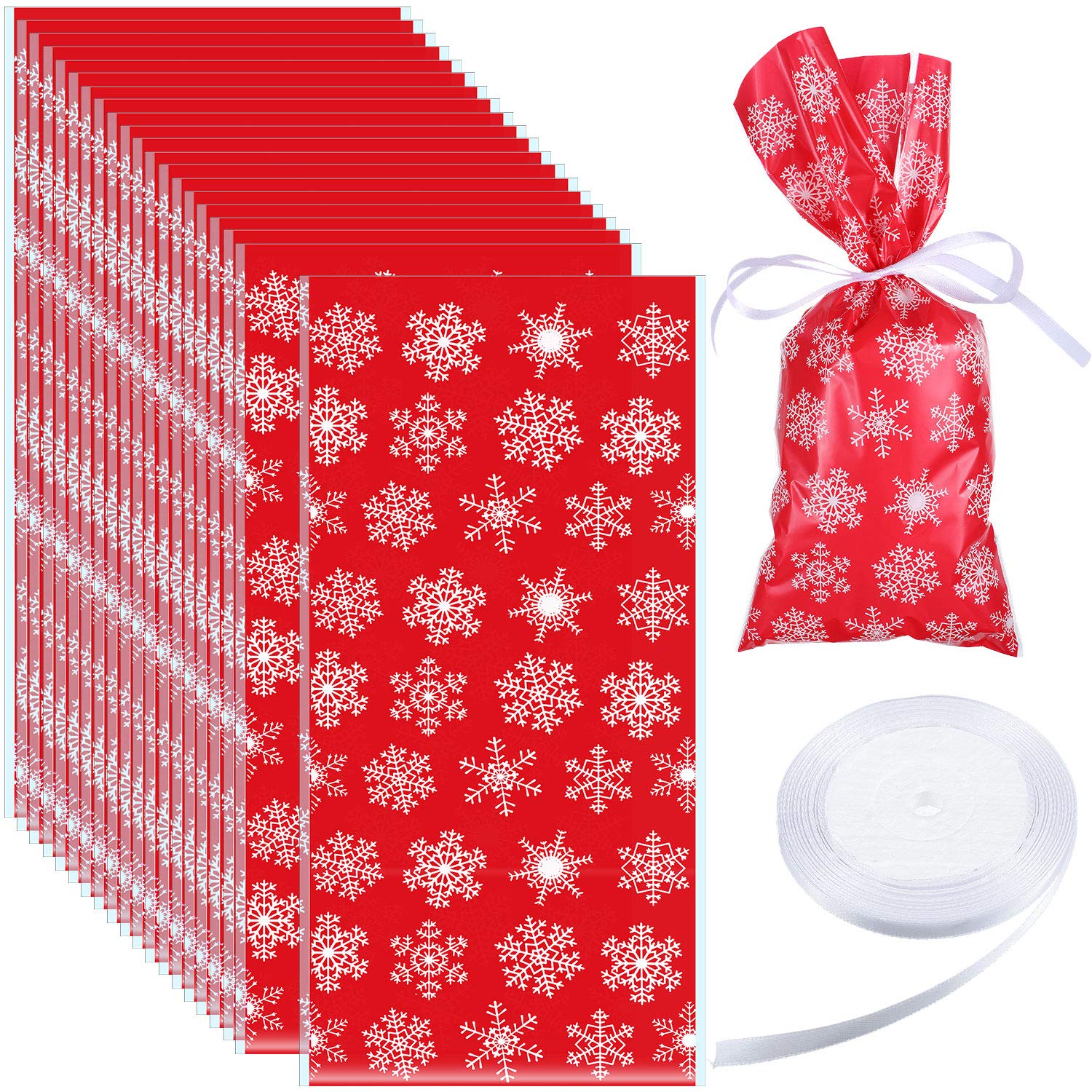 Boao 100 Pcs Christmas Cellophane Treat Bags Snowflake Goodie Candy Bag with Ribbon for Winter Holiday Christmas Party Supplies(Red Bag with White